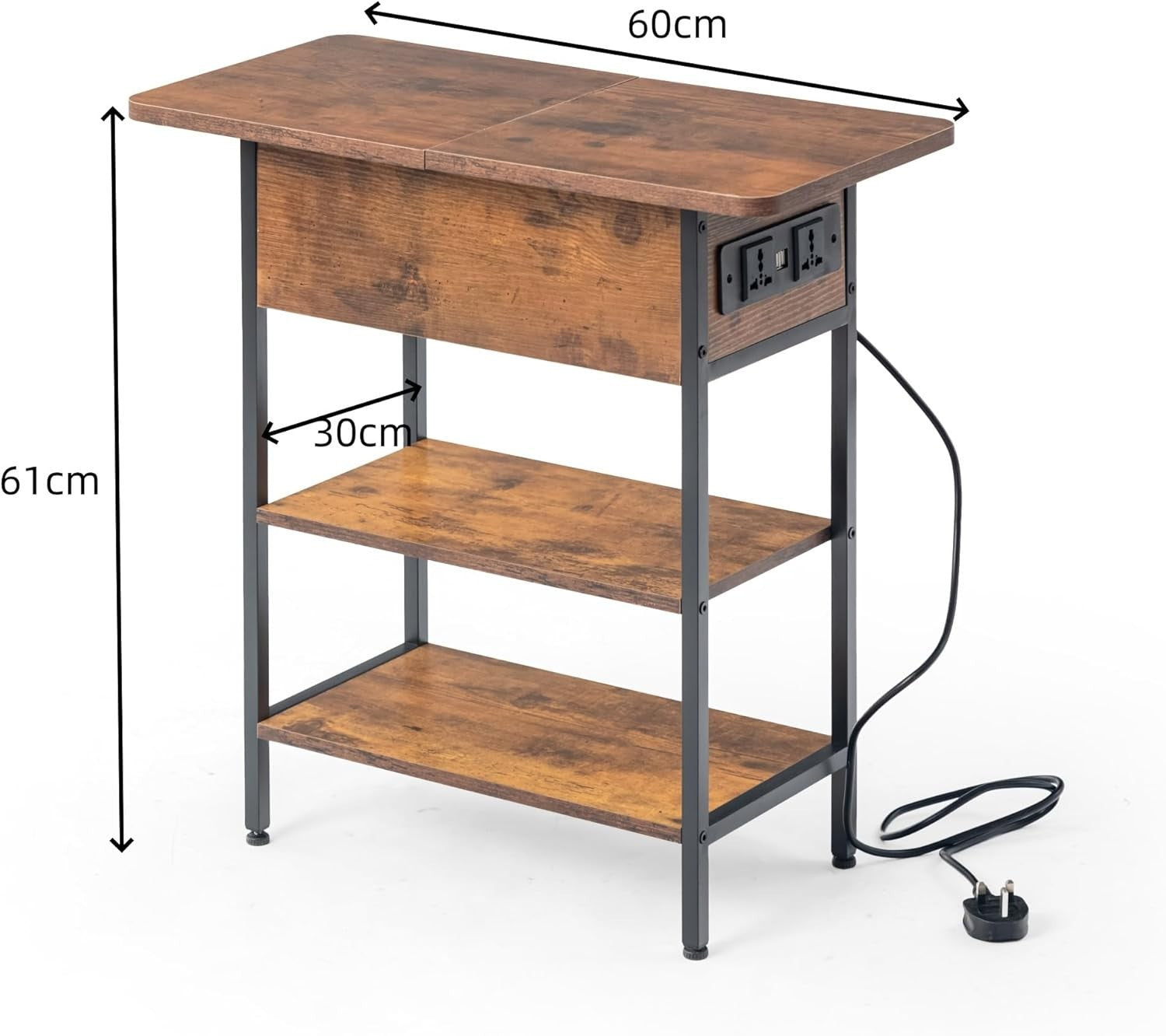 Slim Side Table with USB Ports Power Outlets & Storage, Industrial Brown