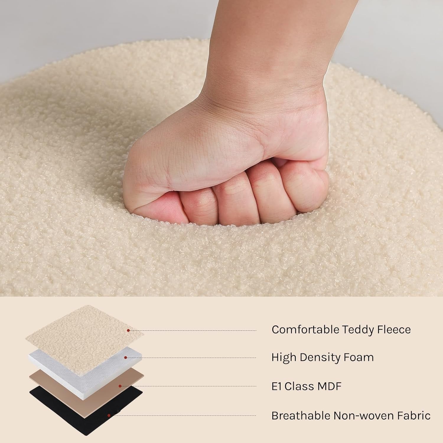 Beige Teddy Fleece Ottoman Stool with Storage Round Folding Seat 41cm