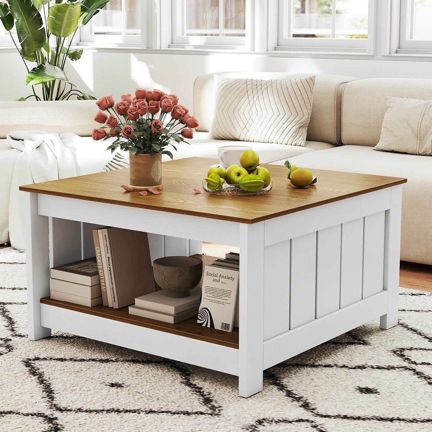 2-Tier Square Coffee Table with Storage Shelf Farmhouse Rustic 80x80x45cm
