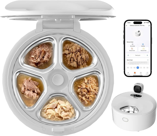 Smart Wet Food Cat Feeder Camera App Control Refrigerated 5 Meal White