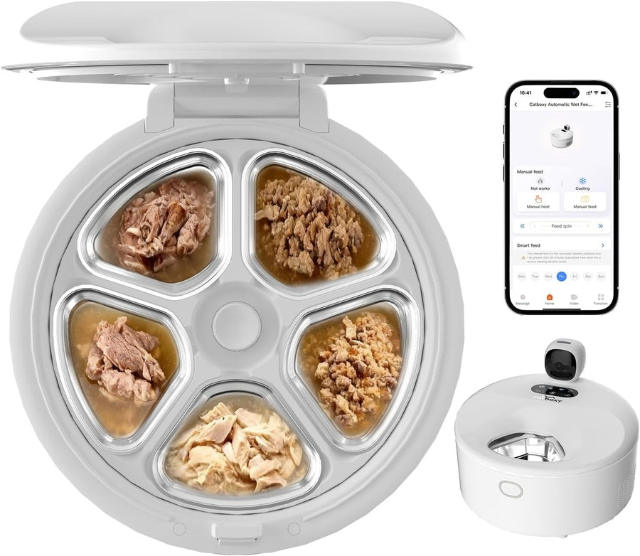 Smart Wet Food Cat Feeder Camera App Control Refrigerated 5 Meal White