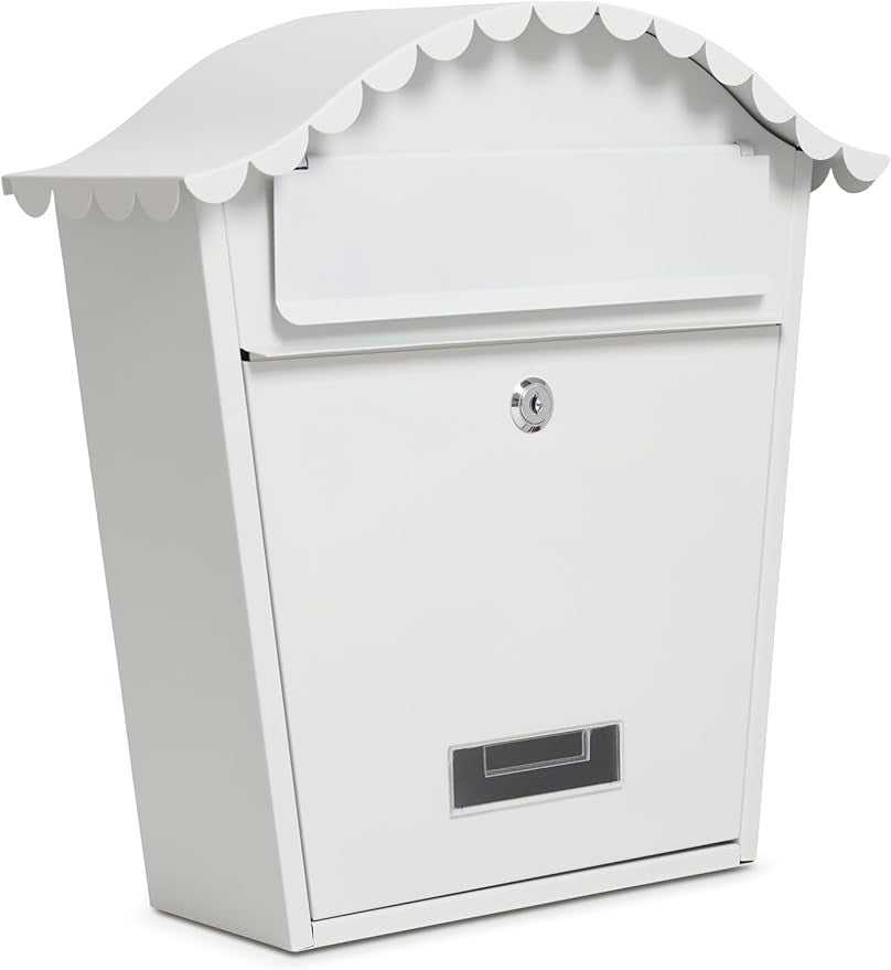 Lockable Wall Mounted Mailbox White – Weatherproof Steel Post Box w/ Keys