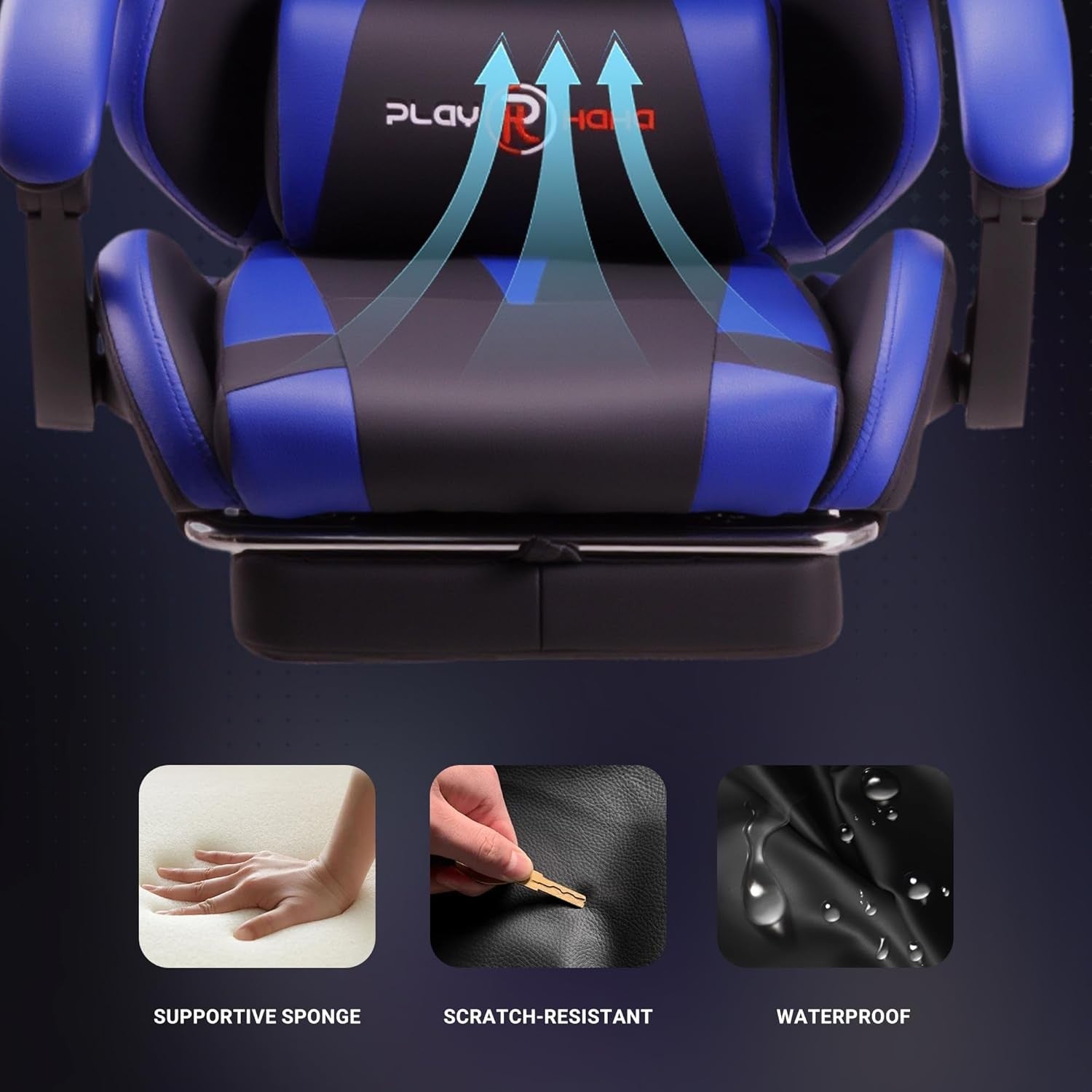 Reclining Gaming Chair with Footrest Ergonomic PU Leather Blue