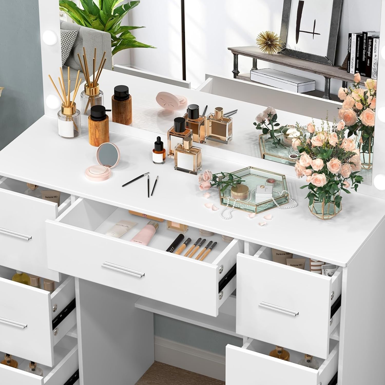 Vanity Makeup Dressing Table with 3-Color LED Mirror 7-Drawer Large White Storag