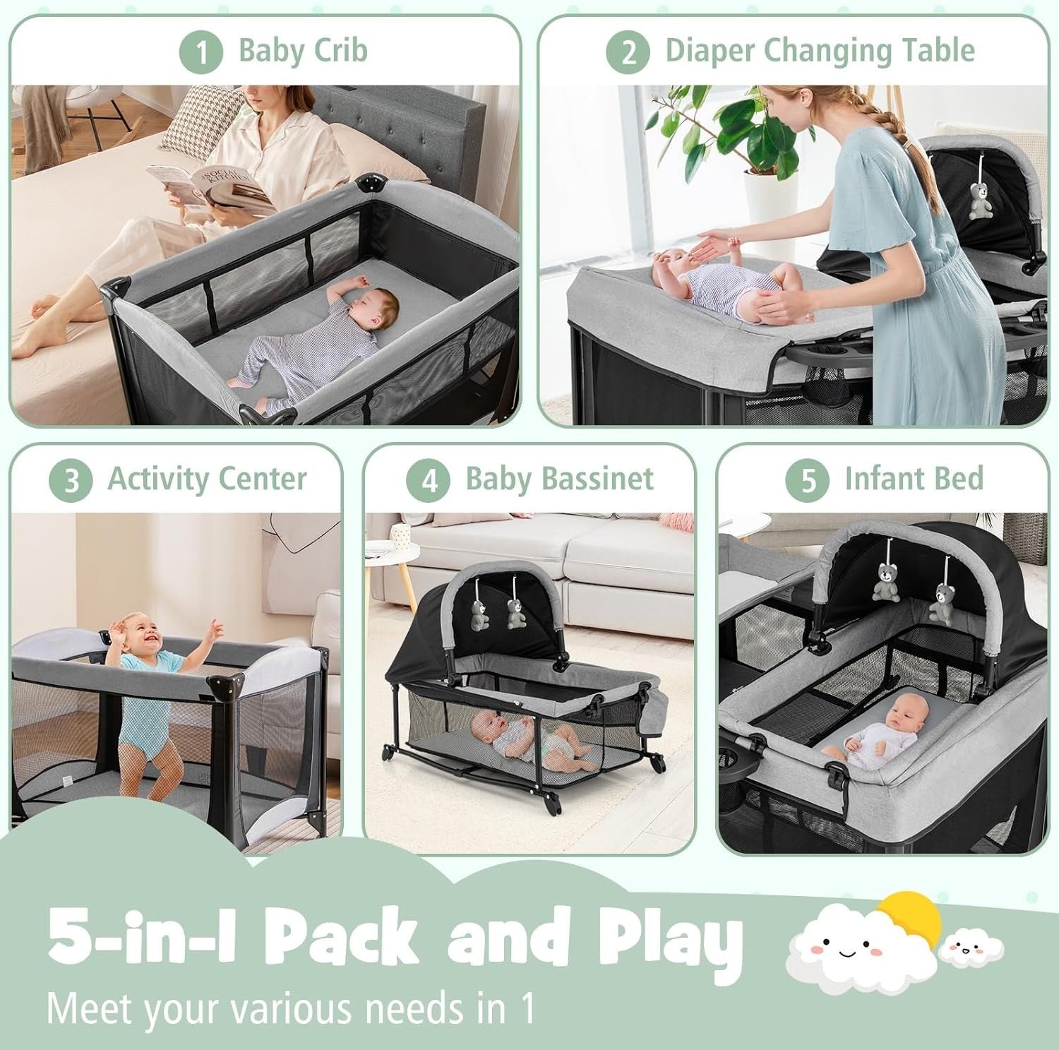 5in1 Travel Cot Baby Bedside Crib Bassinet w/ Mattress Folding Playard Black