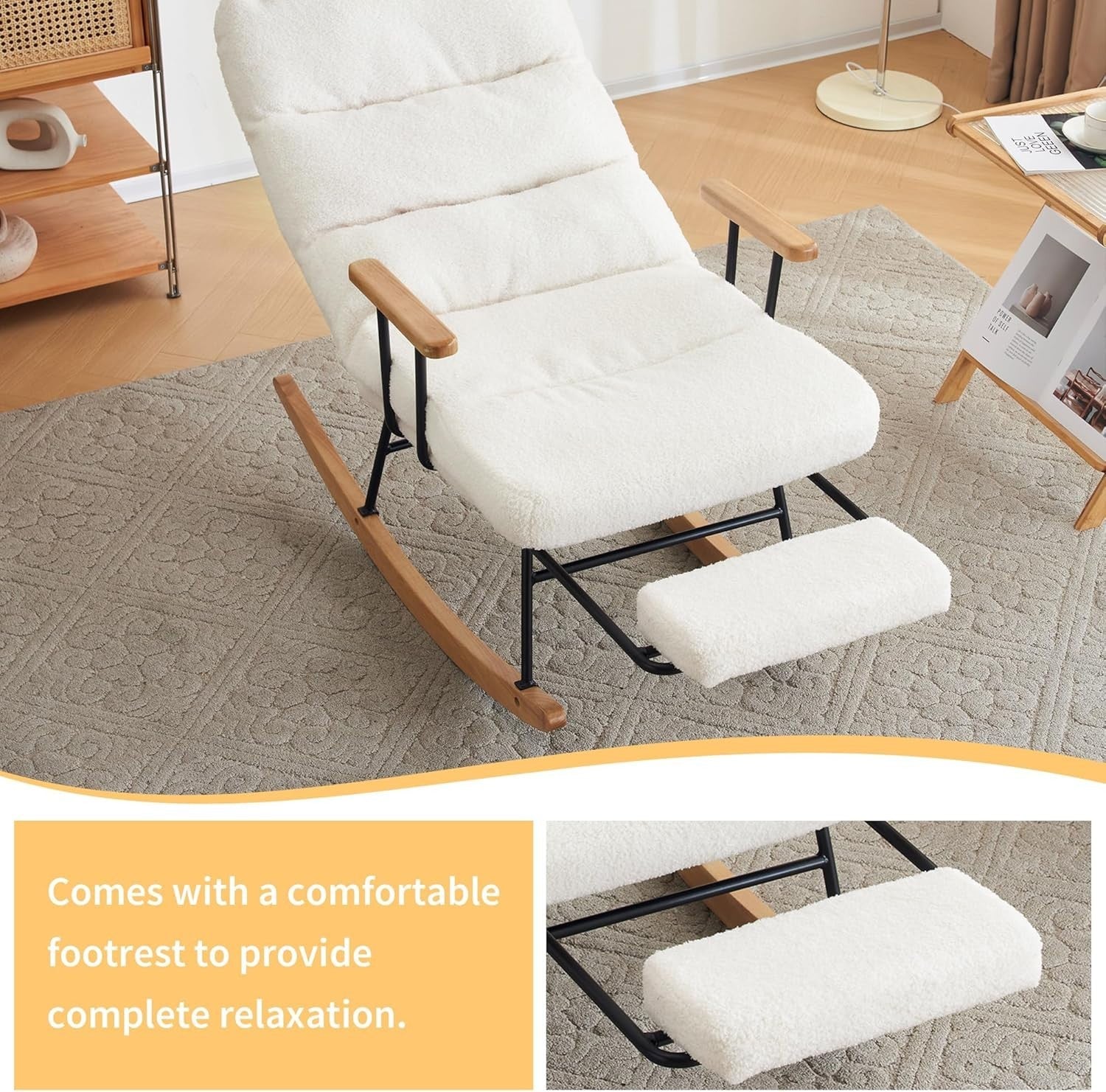 Mid-Century Rocking Chair with Footstool – Bouclé, Tufted, Wood Legs