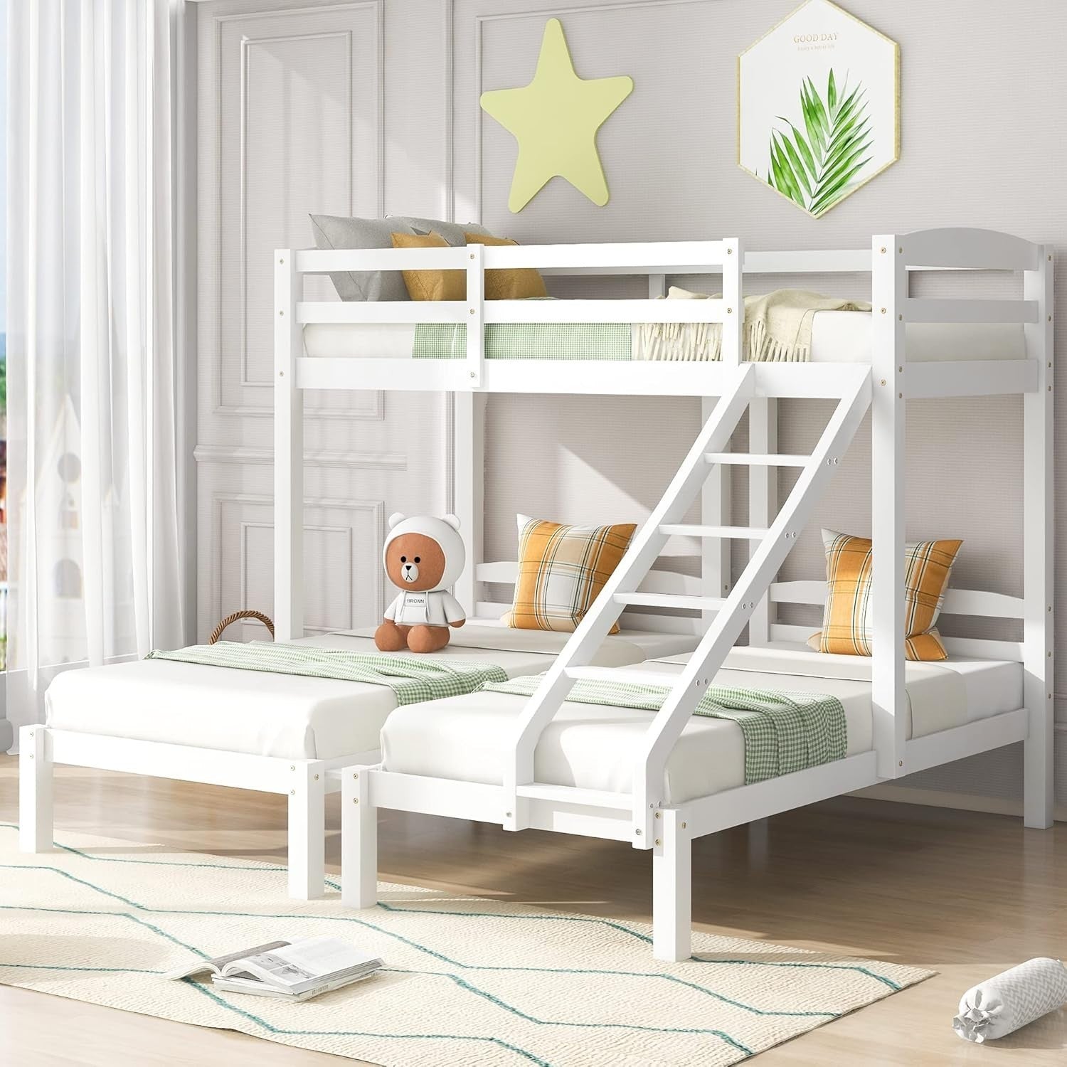 Triple Bunk Bed White with Stairs Full Twin Kids Sleeper Space Saver