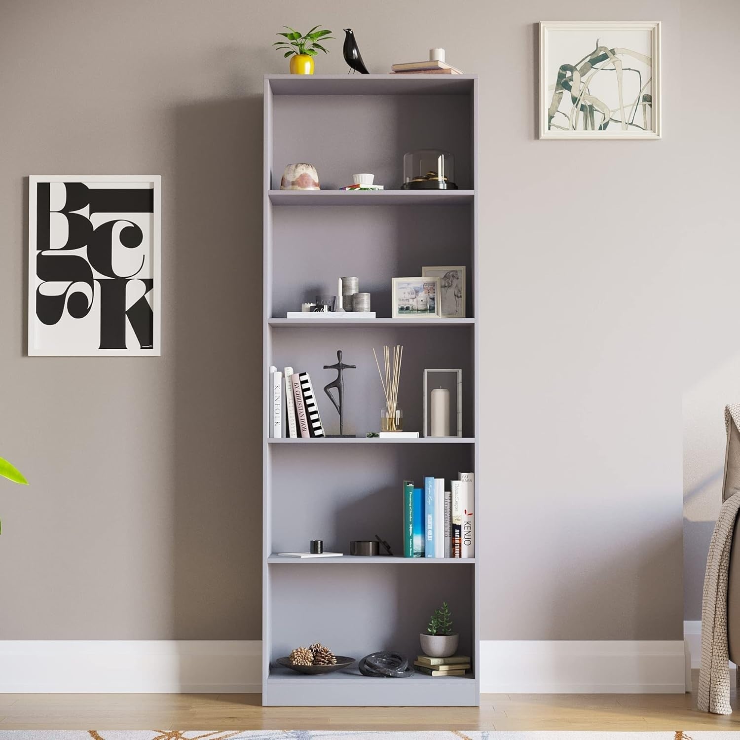 5 Tier Grey Wooden Bookcase Modern Storage Display Shelf for Living Room