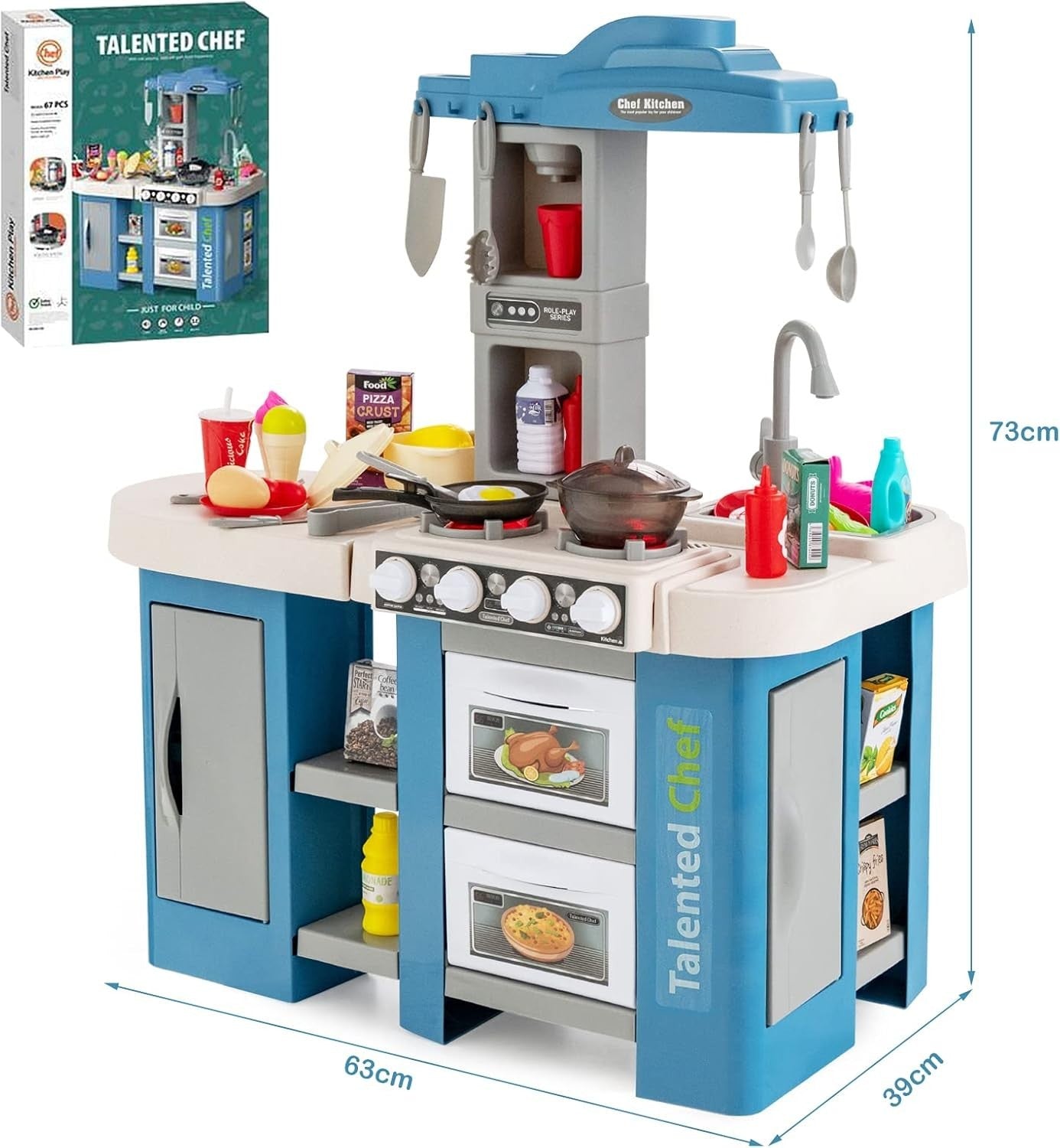 Kids Play Kitchen Blue w/ Lights Sounds Running Water Steam Effects