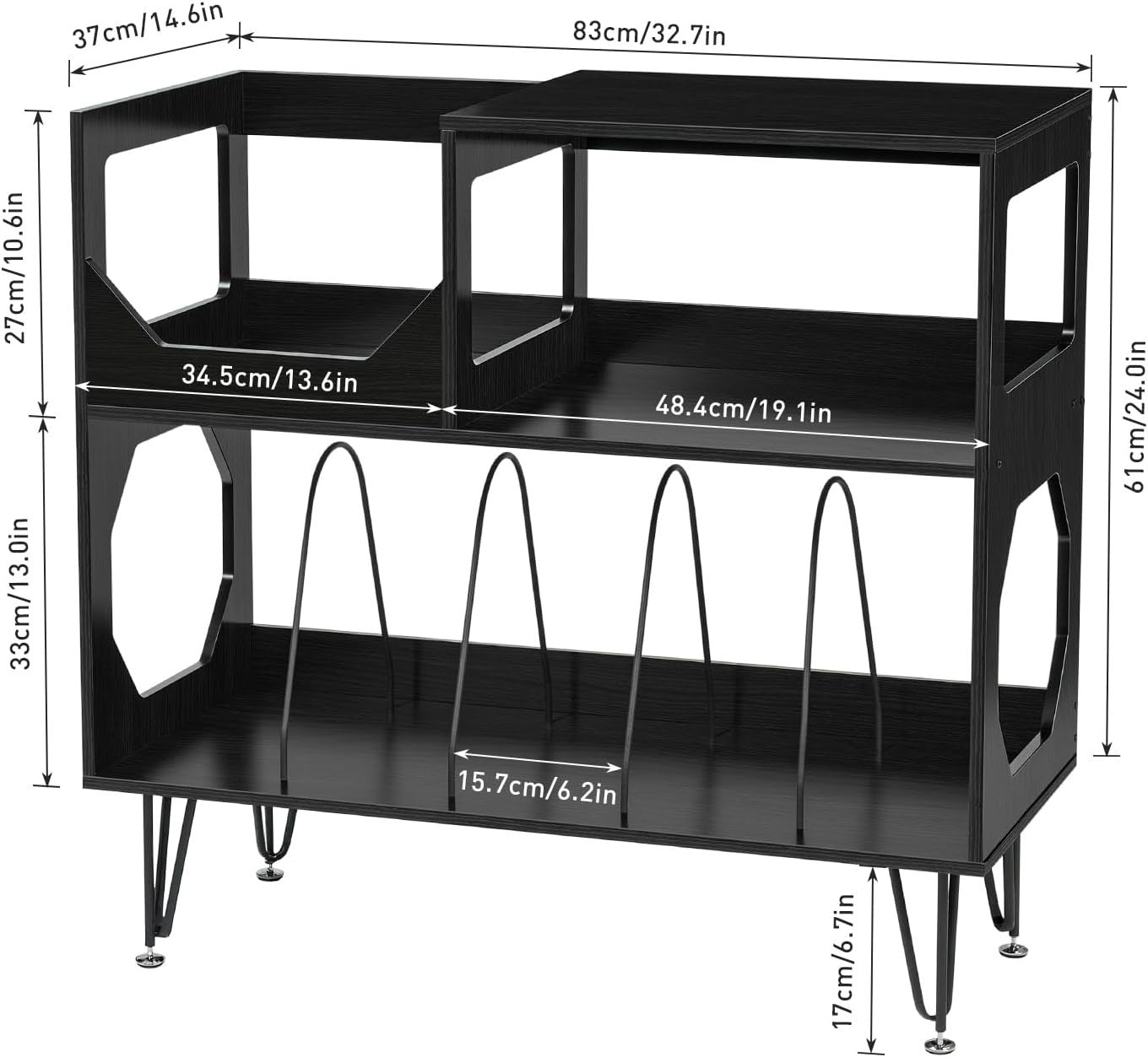 Large Record Player Stand Vinyl Storage Cabinet Holds 370 Albums Black