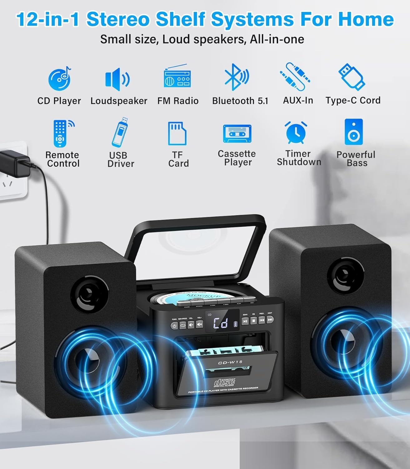 40W CD Cassette Player Hi-Fi System | Bluetooth, FM, USB, AUX, Remote Control