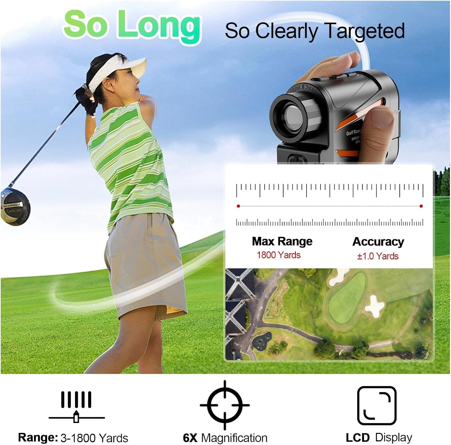 Golf Laser Rangefinder 1800 Yards Slope Mode Flag Lock 6X Magnification