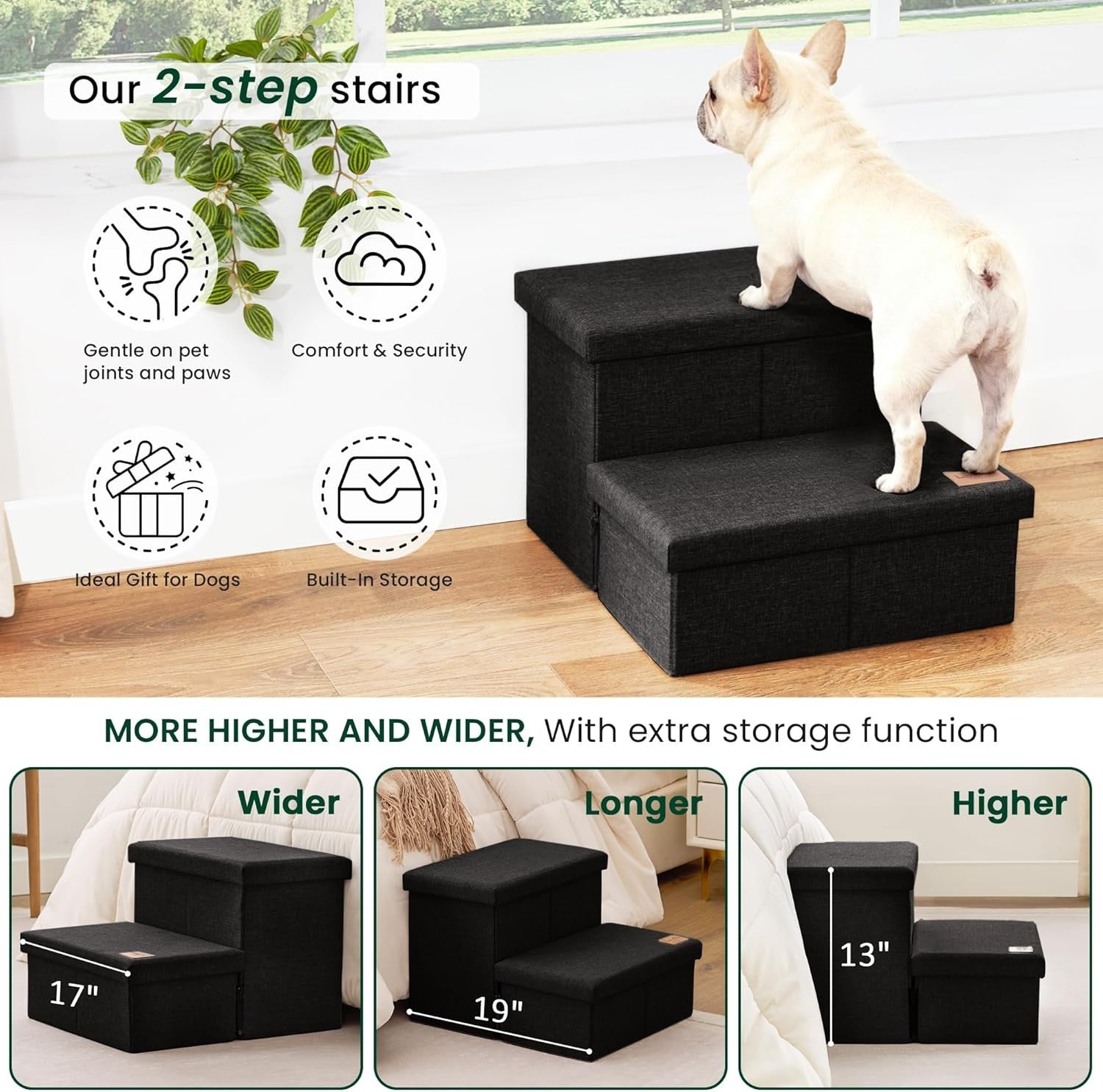 Dog Stairs with Storage 2 Step Foldable Pet Steps Ramp Black 13"