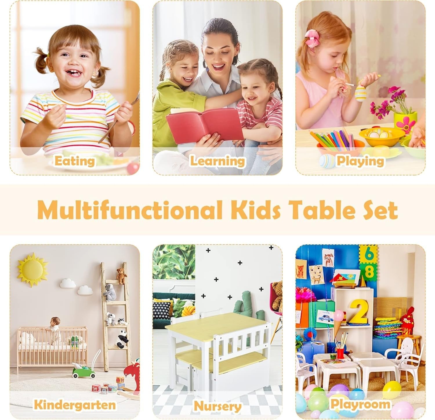 Kids Wooden Table Chair Set with Storage Bench 4 Piece Toddler Furniture