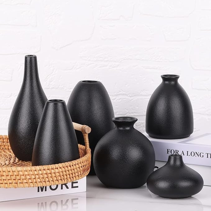 Black Ceramic Vase Set of 6 Matte Modern Bud Vases Home Decor Centerpiece
