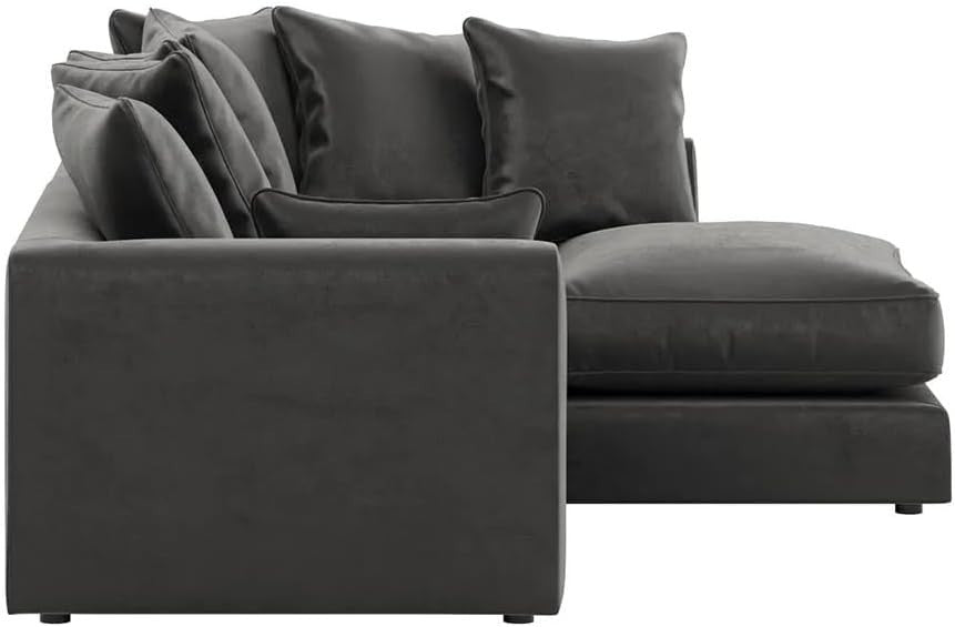 Grey Plush Velvet Corner Sofa with Footstool – 4 Seater RH L Shape Suite
