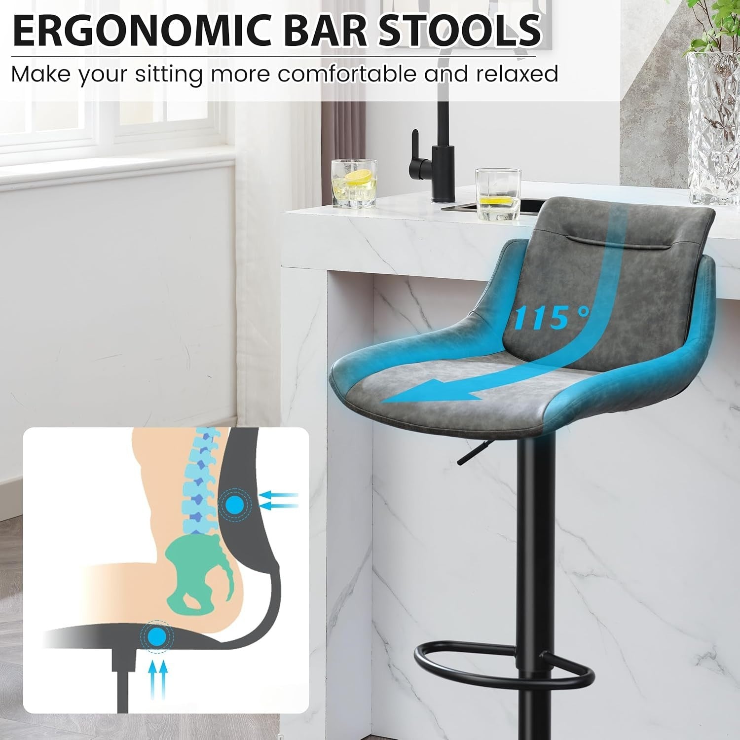 Grey PU Leather Bar Stools Set of 2 – Adjustable Rotating Kitchen Chairs