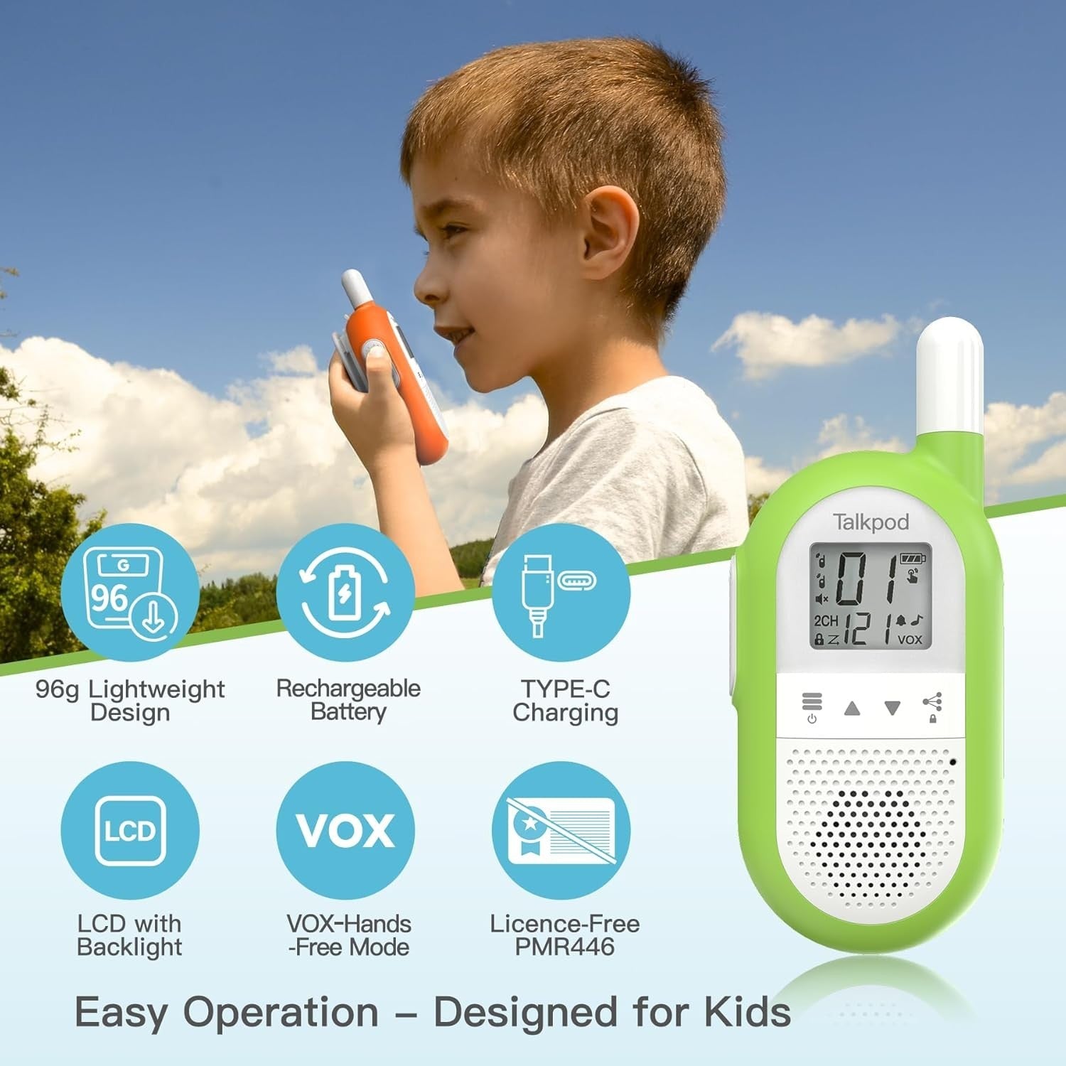 Rechargeable Walkie Talkies PMR446 16 Channel VOX Long Range Green Orange