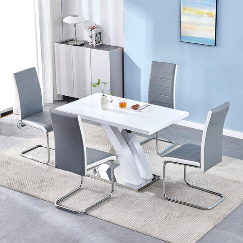 High Gloss White Dining Table Set with 4 Grey Chairs | Modern Extendable