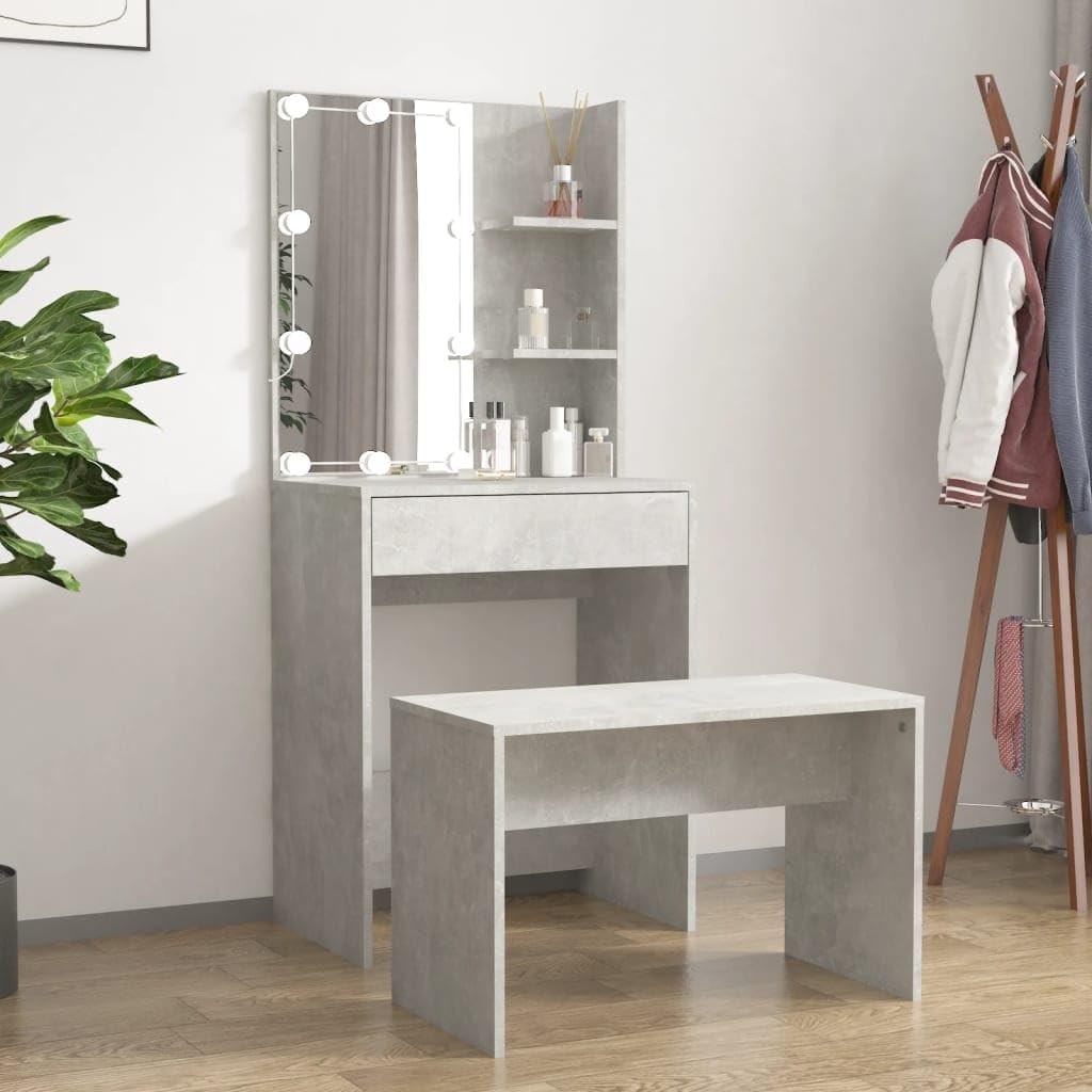 Dressing Table Set Vanity Makeup Desk Mirror Lights Storage Grey Modern Home