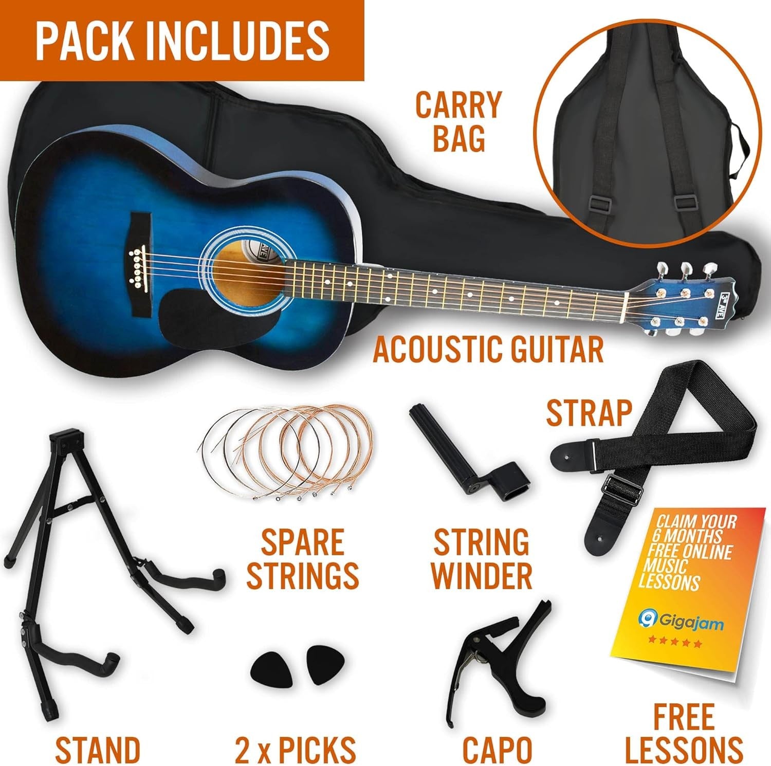 Full Size 4/4 Acoustic Guitar Starter Pack Blue w Stand & Lessons