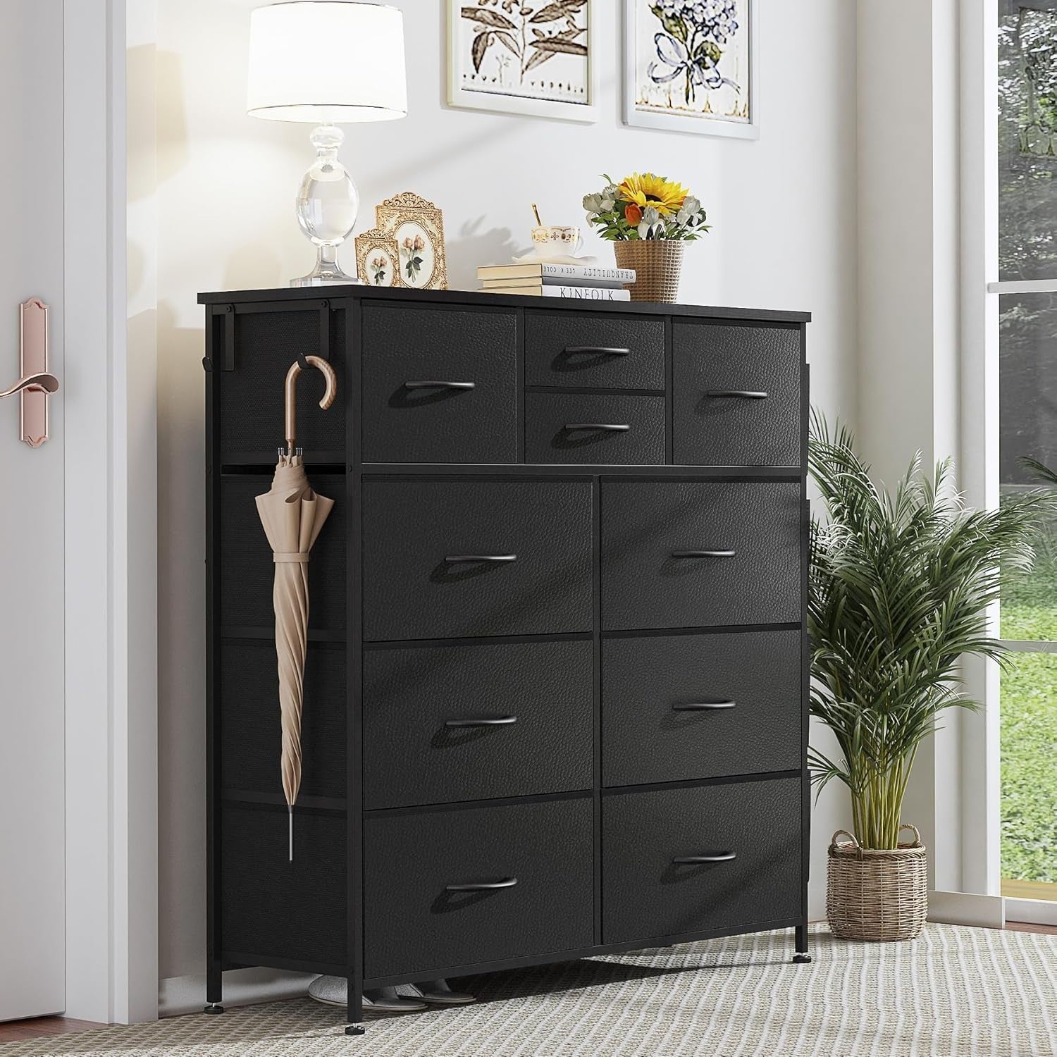 Black 10 Drawer Tall Chest with Fabric Drawers, Hooks & Side Storage Pockets