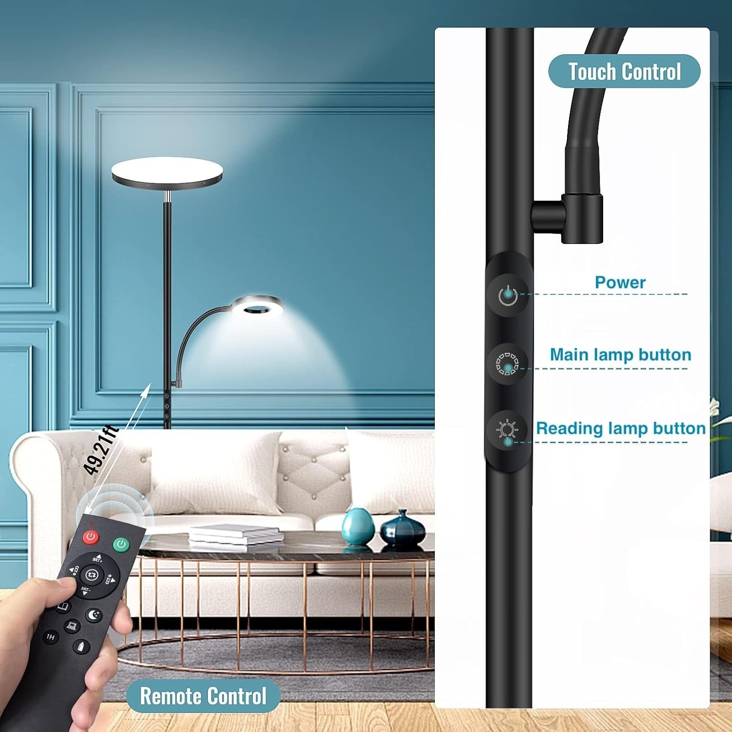 LED Uplighter Floor Lamp 42W Dimmable Remote Touch Reading Light Modern