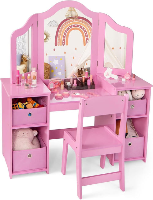 Kids Vanity Table with Tri-Folding Mirror & Storage Bins, Pink Wooden Set