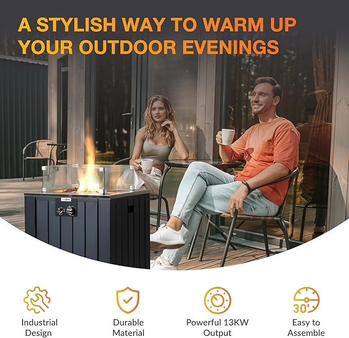 Outdoor Gas Patio Heater 13KW Adjustable Heat Settings & Glass Rocks