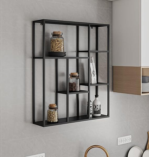 Modern Black Metal Wall Shelf Unit – Floating Display Rack for Living Room
