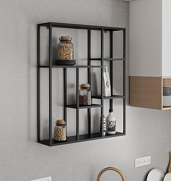 Modern Black Metal Wall Shelf Unit – Floating Display Rack for Living Room