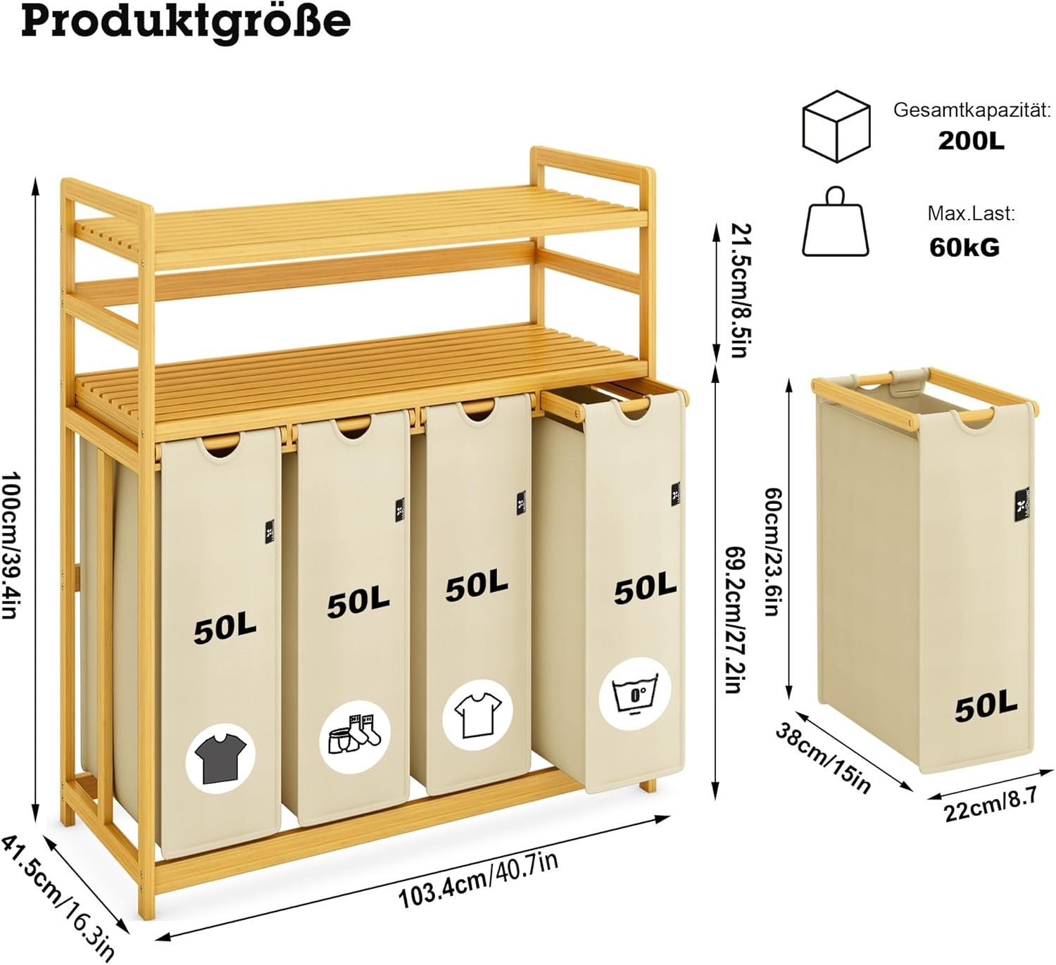 200L 4-Section Laundry Sorter Bamboo Frame Beige With Shelf Removable Bags