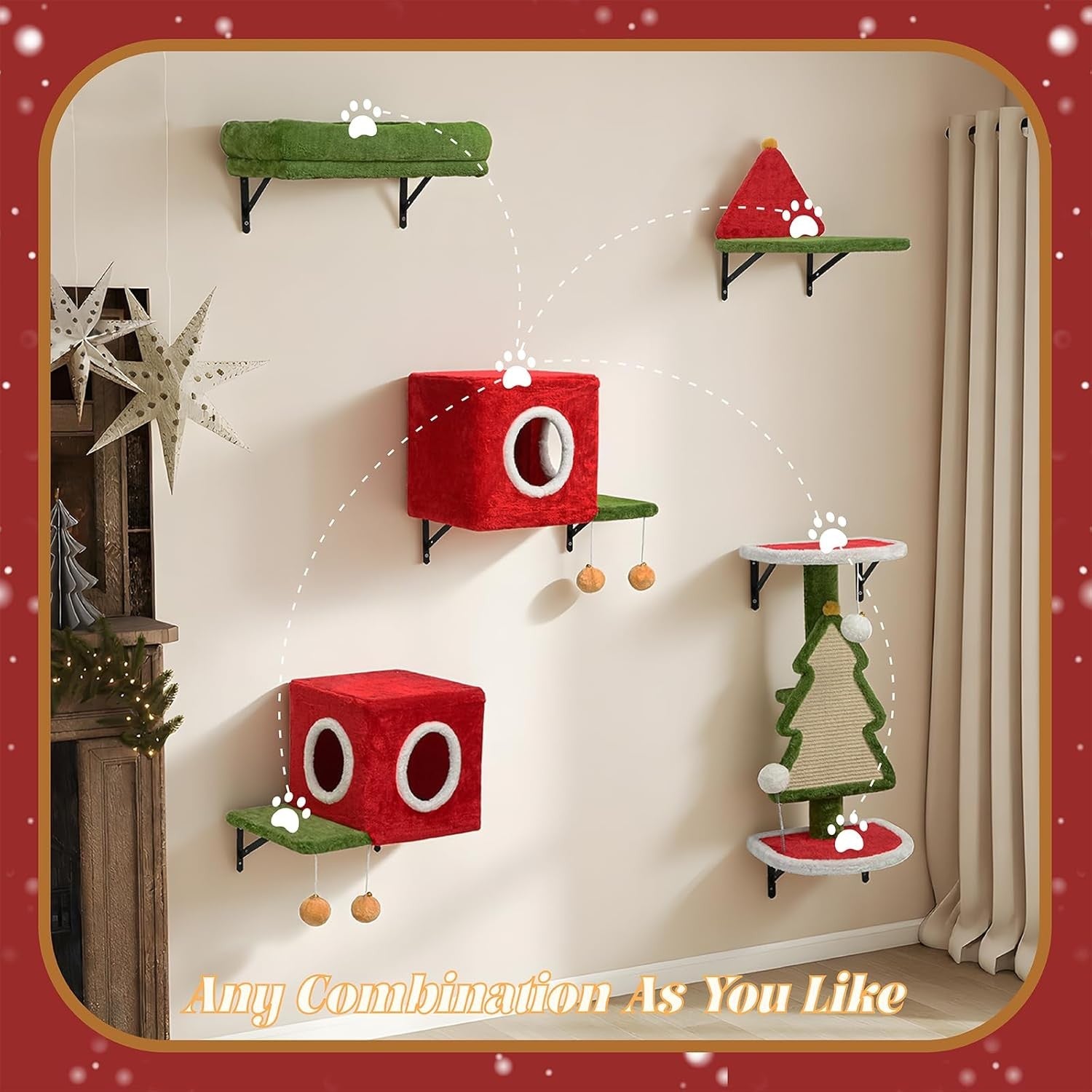 Christmas Cat Wall Shelves 5pcs Festive Climbing Set Red Green Wall Mounted