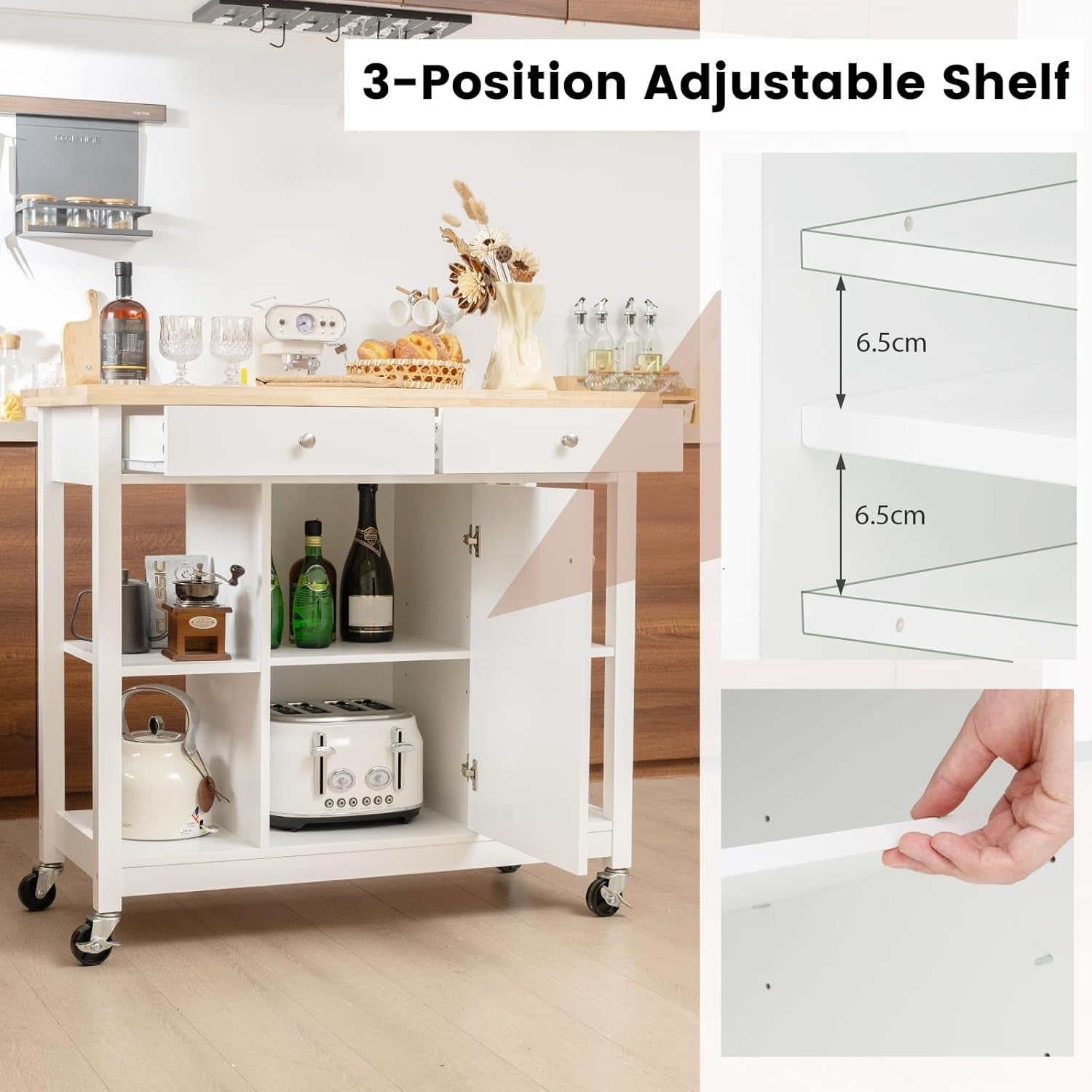 Mobile Kitchen Island Cart with Adjustable Shelves, Drawers & Lockable Wheels