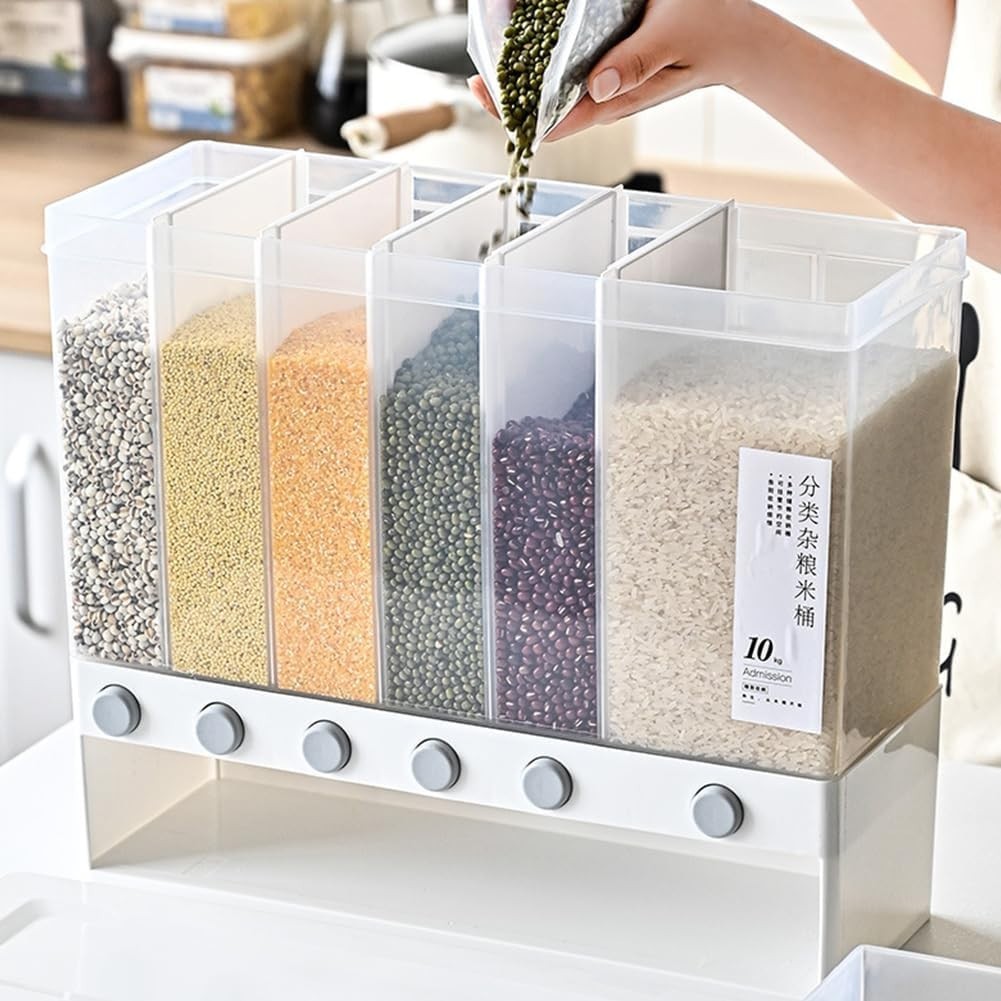 6 in 1 Wall Mounted Rice Dispenser 10KG Airtight Grain Storage Bin