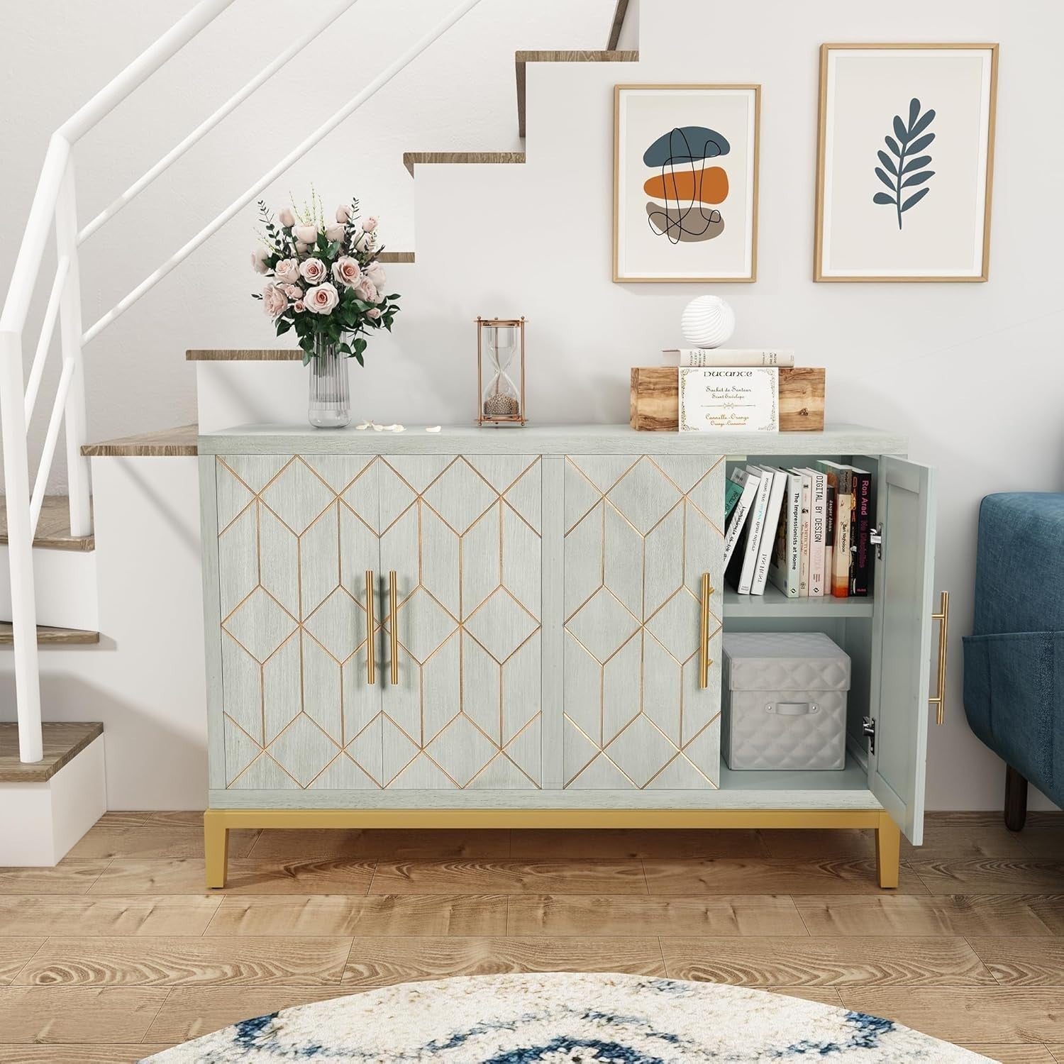 Luxury 4 Door Sideboard Cabinet Storage Unit Gold Trim Buffet Cupboard