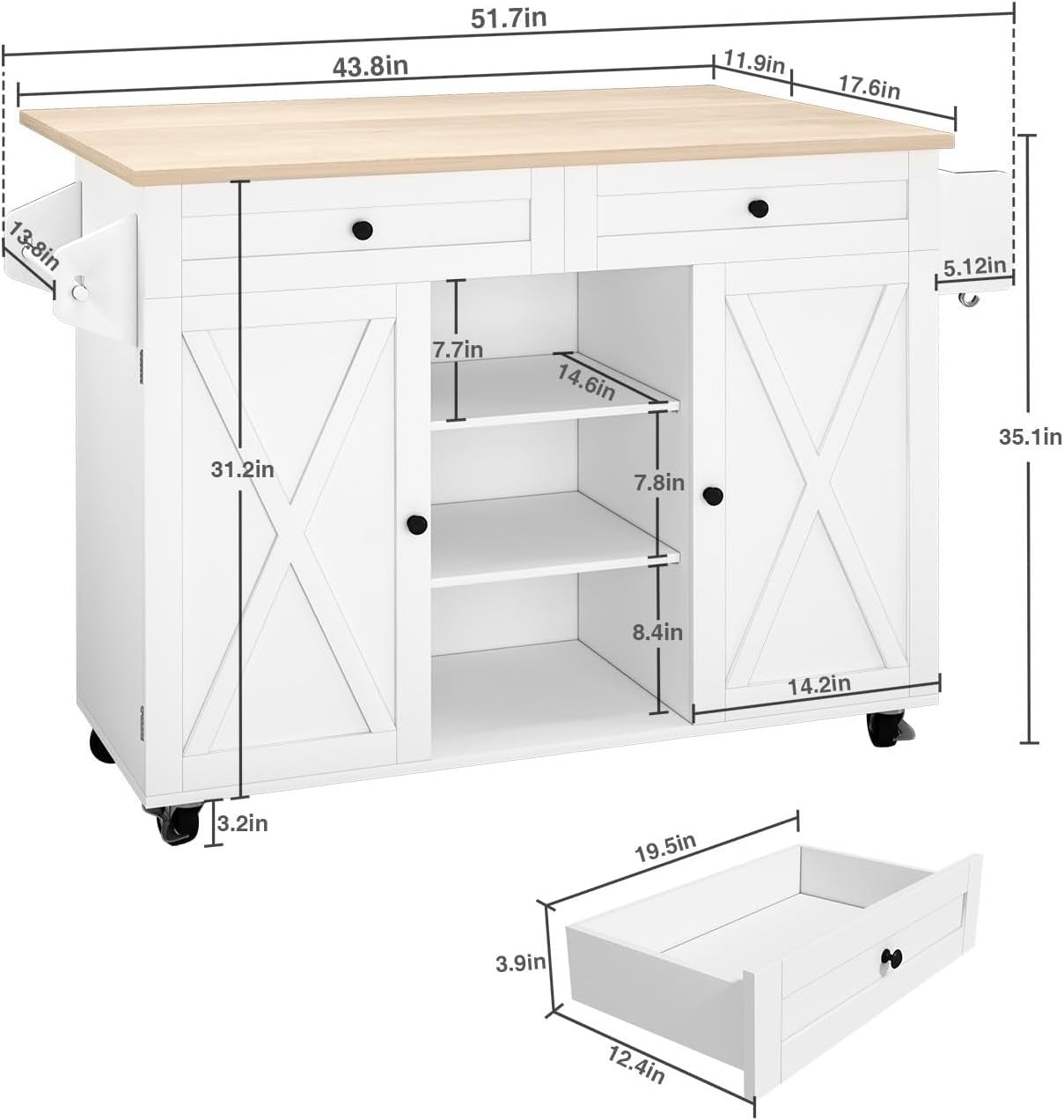 White Kitchen Island Trolley with Drop Leaf, Storage & Wheels – Rubberwood