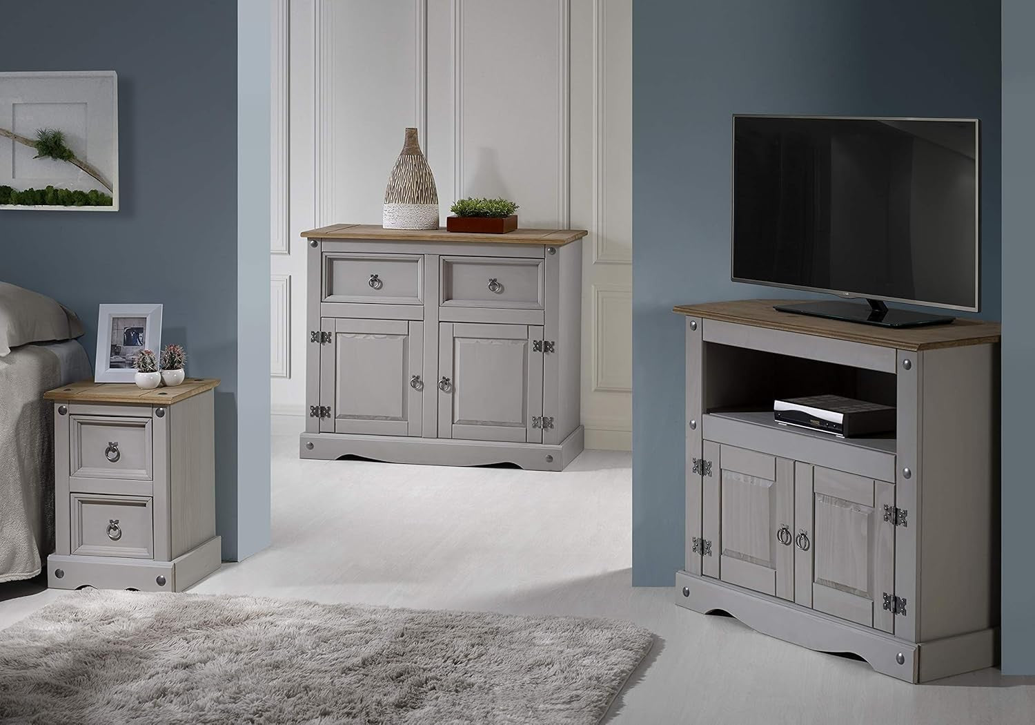 Grey 2 Drawer Console Table Pine Wood Wax Finish – Slim Hallway Storage