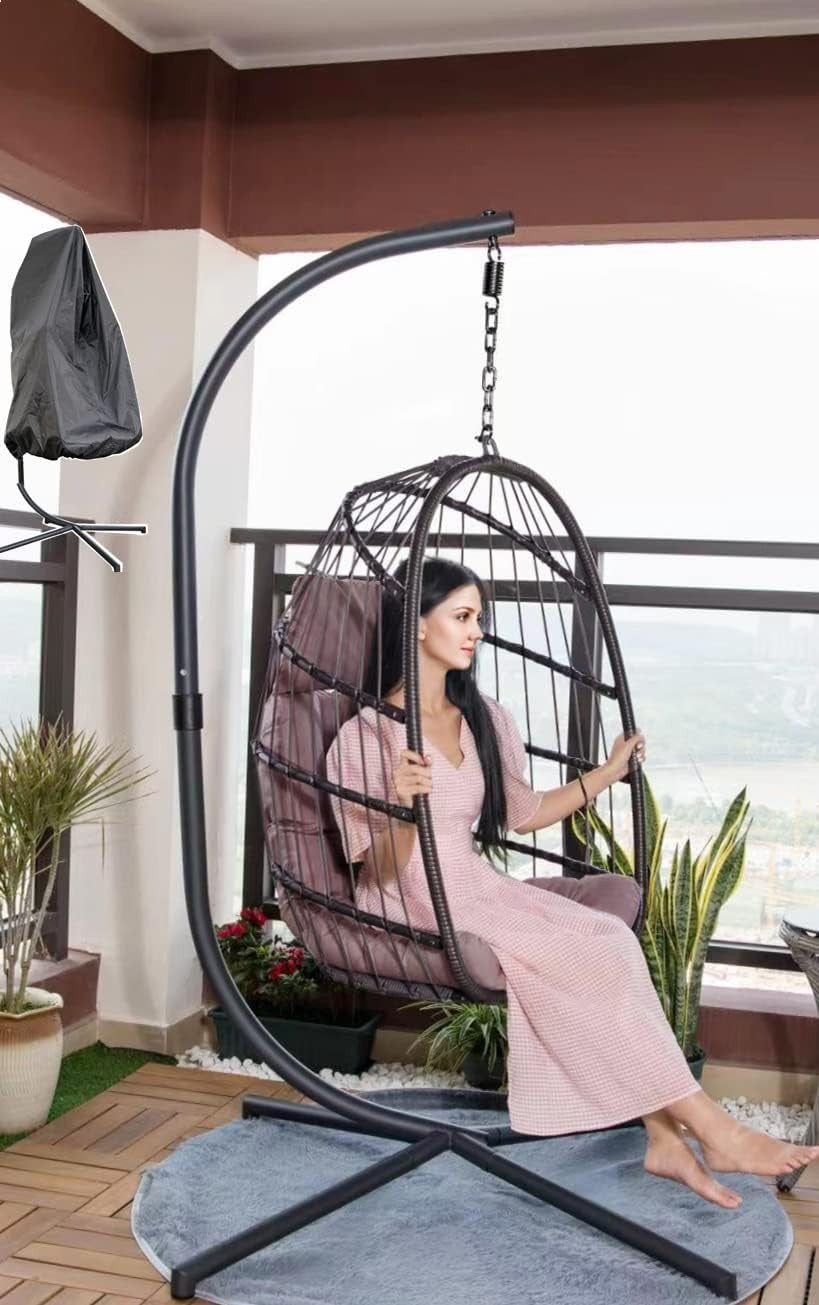 Hanging Swing Egg Chair with Stand & Soft Cushion for Indoor Outdoor Dark Coffee