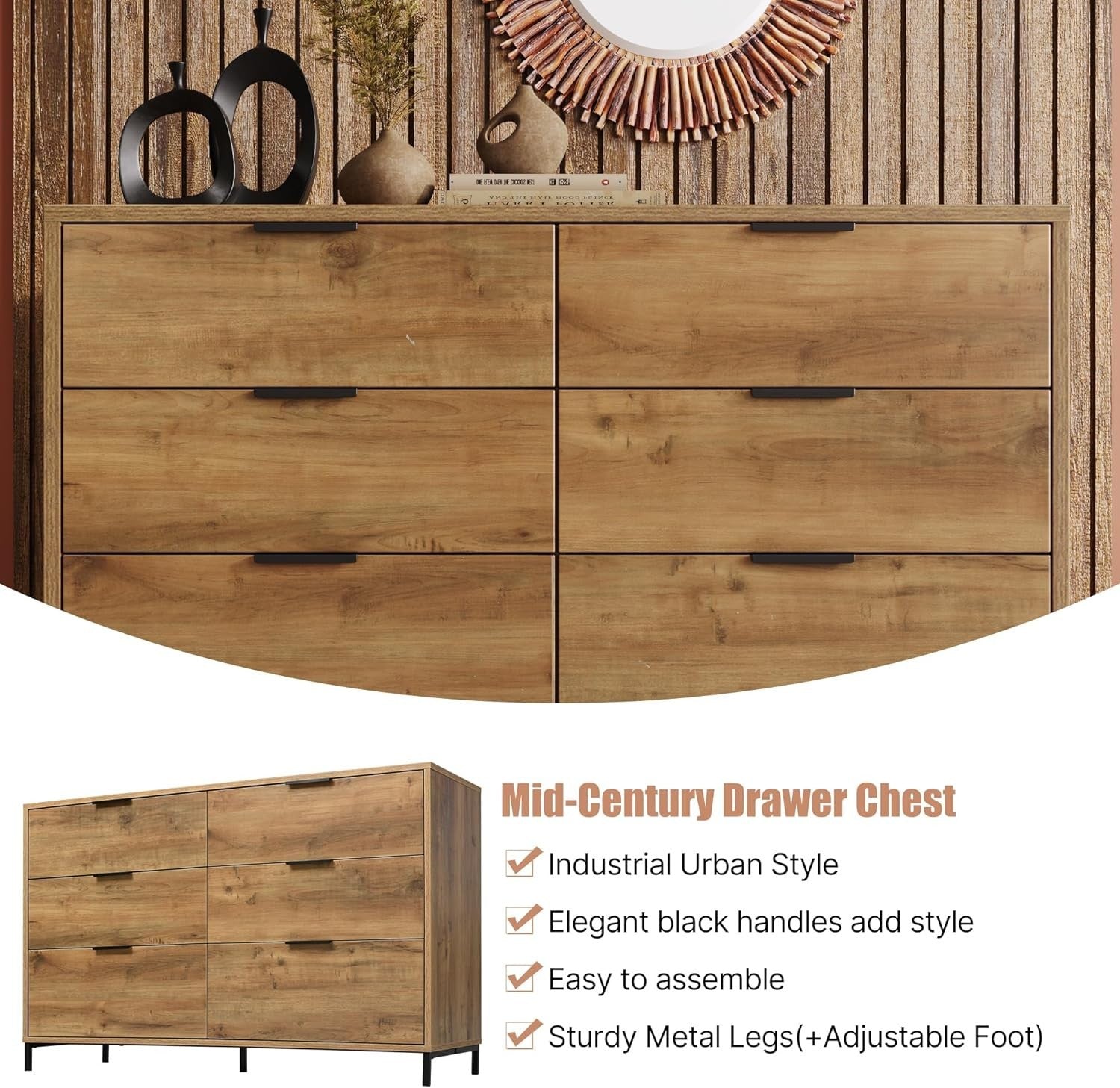 Modern Dark Oak Sideboard 6 Drawer Cabinet Storage Unit Metal Frame 120cm