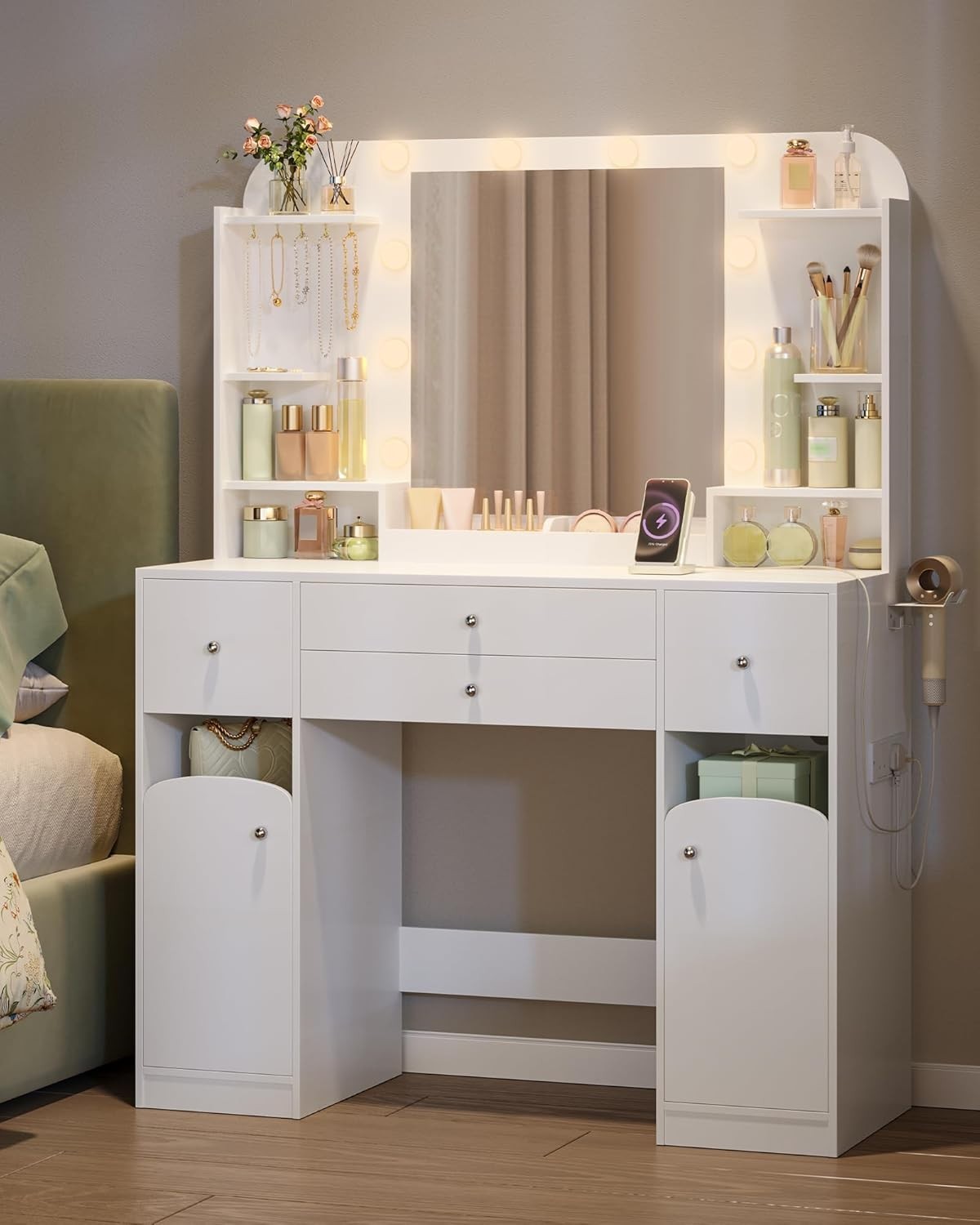 White Dressing Table Makeup Vanity Desk LED Mirror 4 Drawers Storage Modern