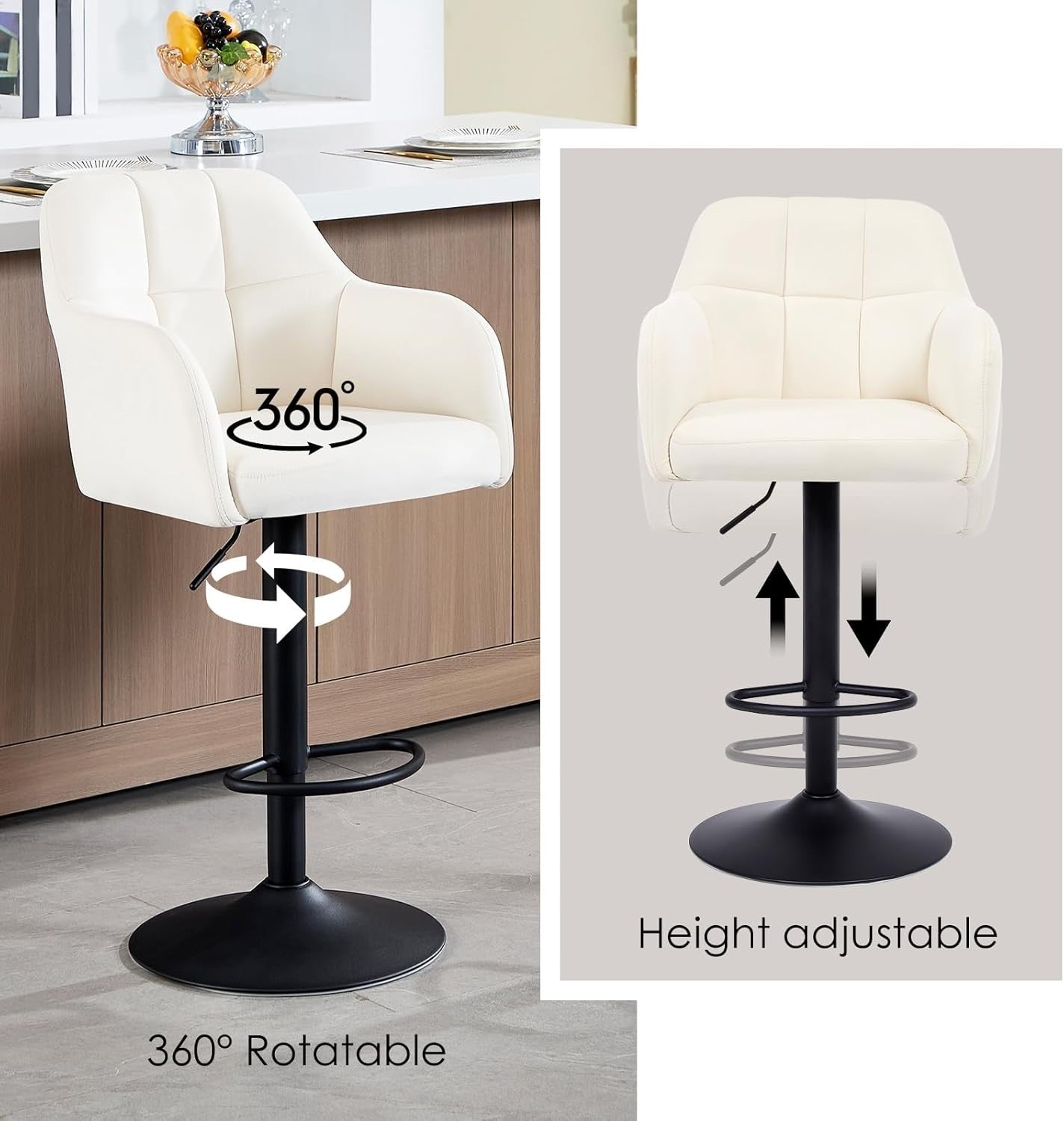 Set of 2 White PU Swivel Bar Stools Adjustable Height Modern Chairs
