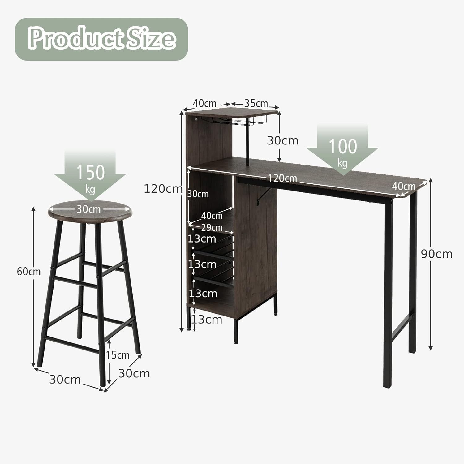 Brown 3-Piece Industrial Dining Bar Table Set with Shelves, Wine Rack & 2 Stools