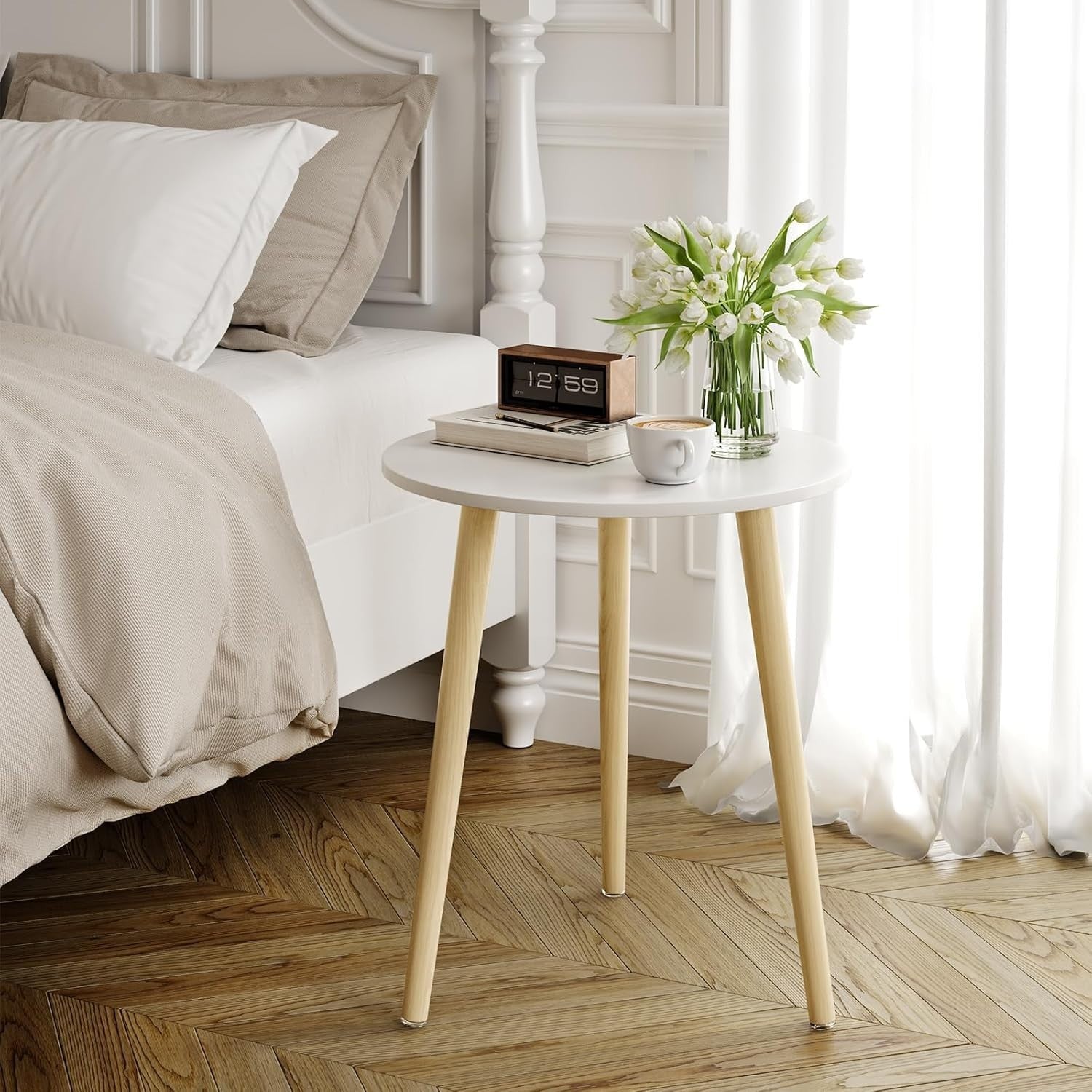 Small Round Side Table 42x42x51cm, Sturdy Iron Legs, White & Oak Finish