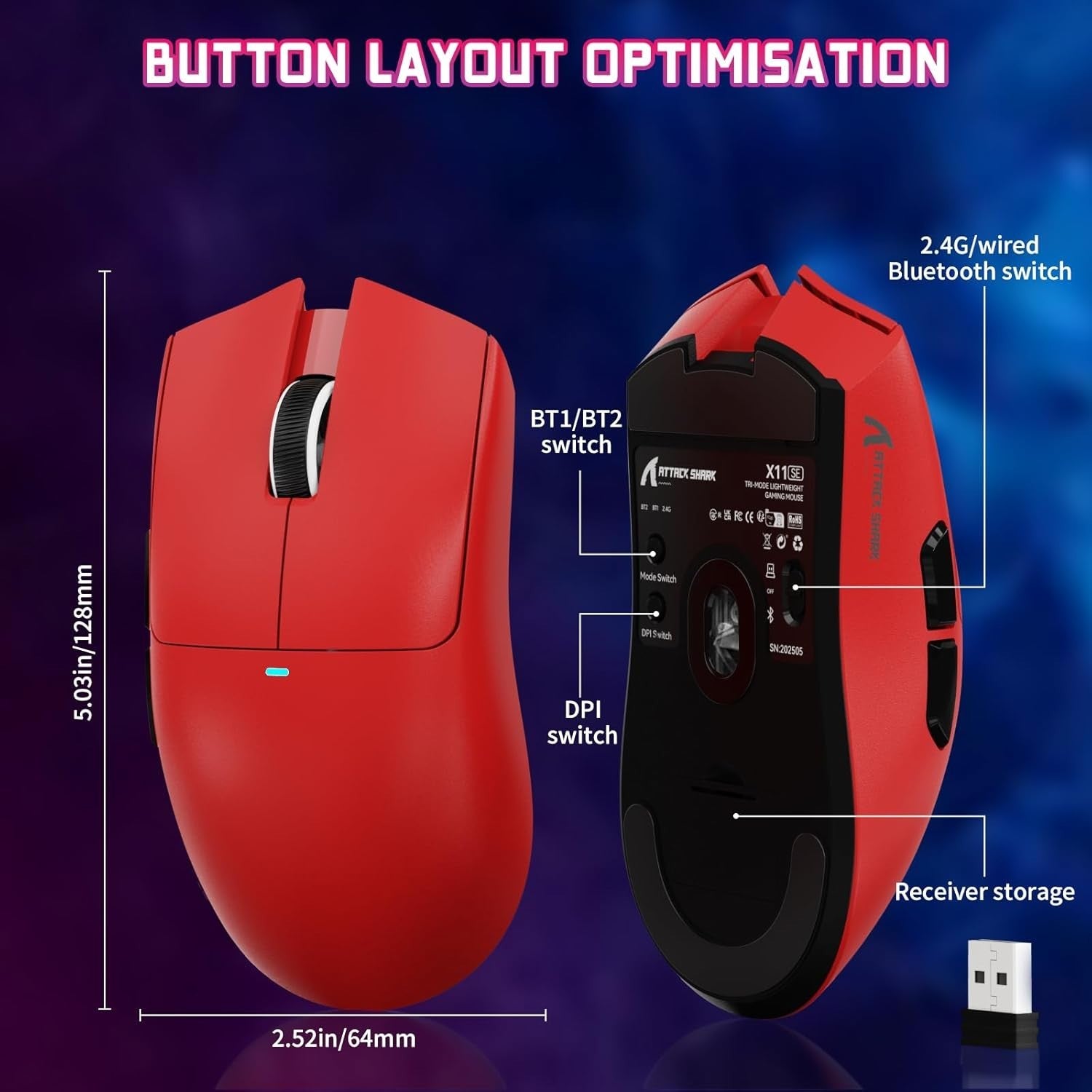 Wireless Gaming Mouse 22000 DPI 65H BT 2.4G USB Red