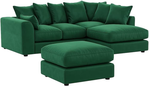 Green Velvet 4 Seater L Shape Corner Sofa with Footstool – Memory Foam Comfort