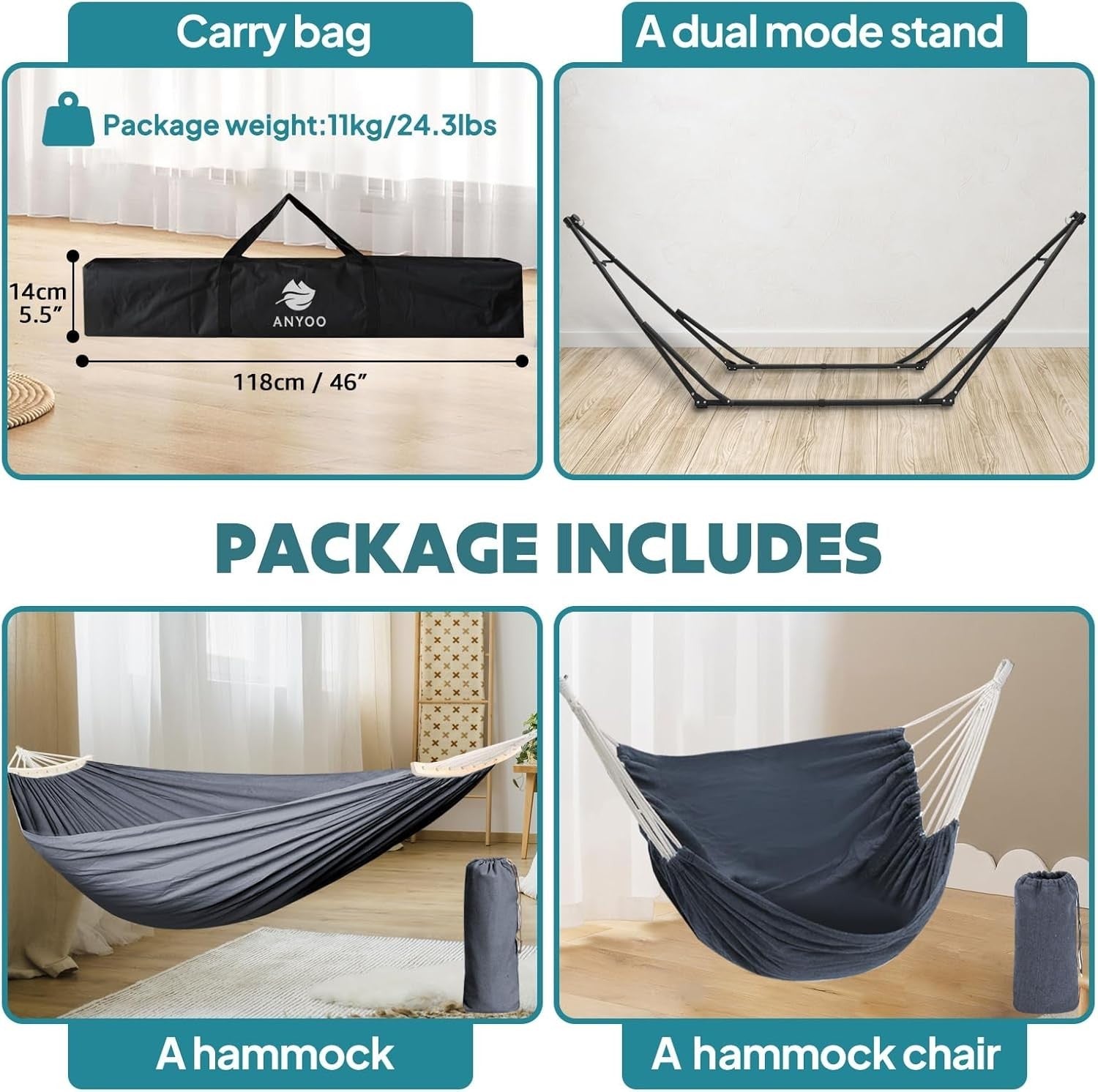 Foldable Hammock with Stand Outdoor Indoor Garden Chair Bed 150kg Max