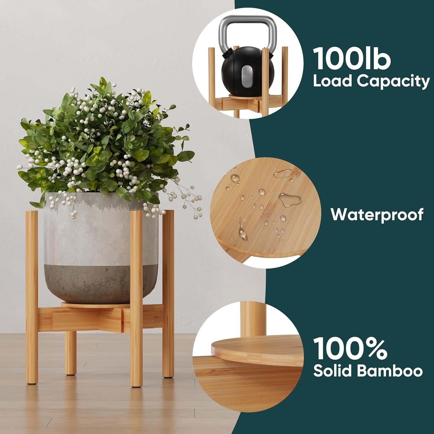 Adjustable Bamboo Plant Stand with Removable Tray | Natural Indoor Pot Holder