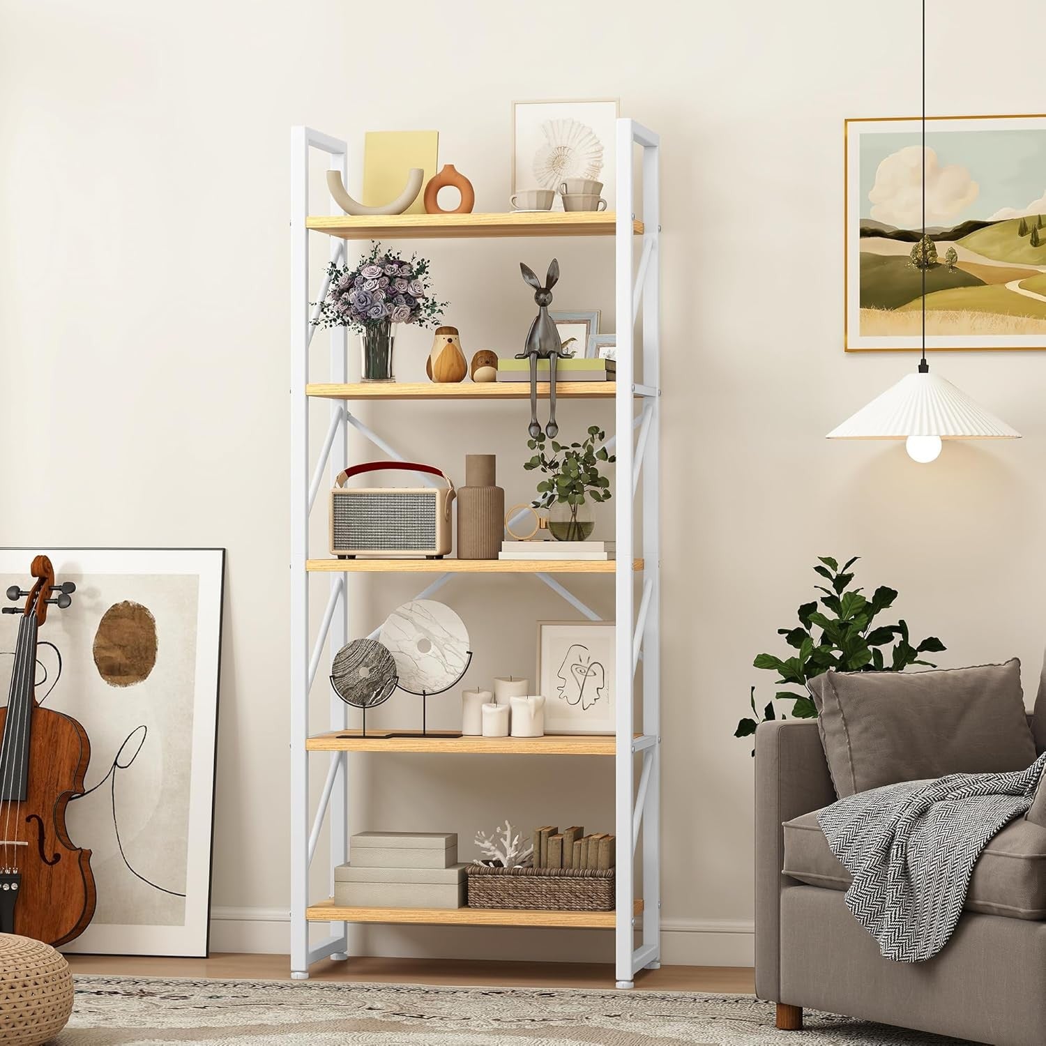 White & Oak 5-Tier Industrial Bookshelf Metal Frame Tall Storage Shelving Unit