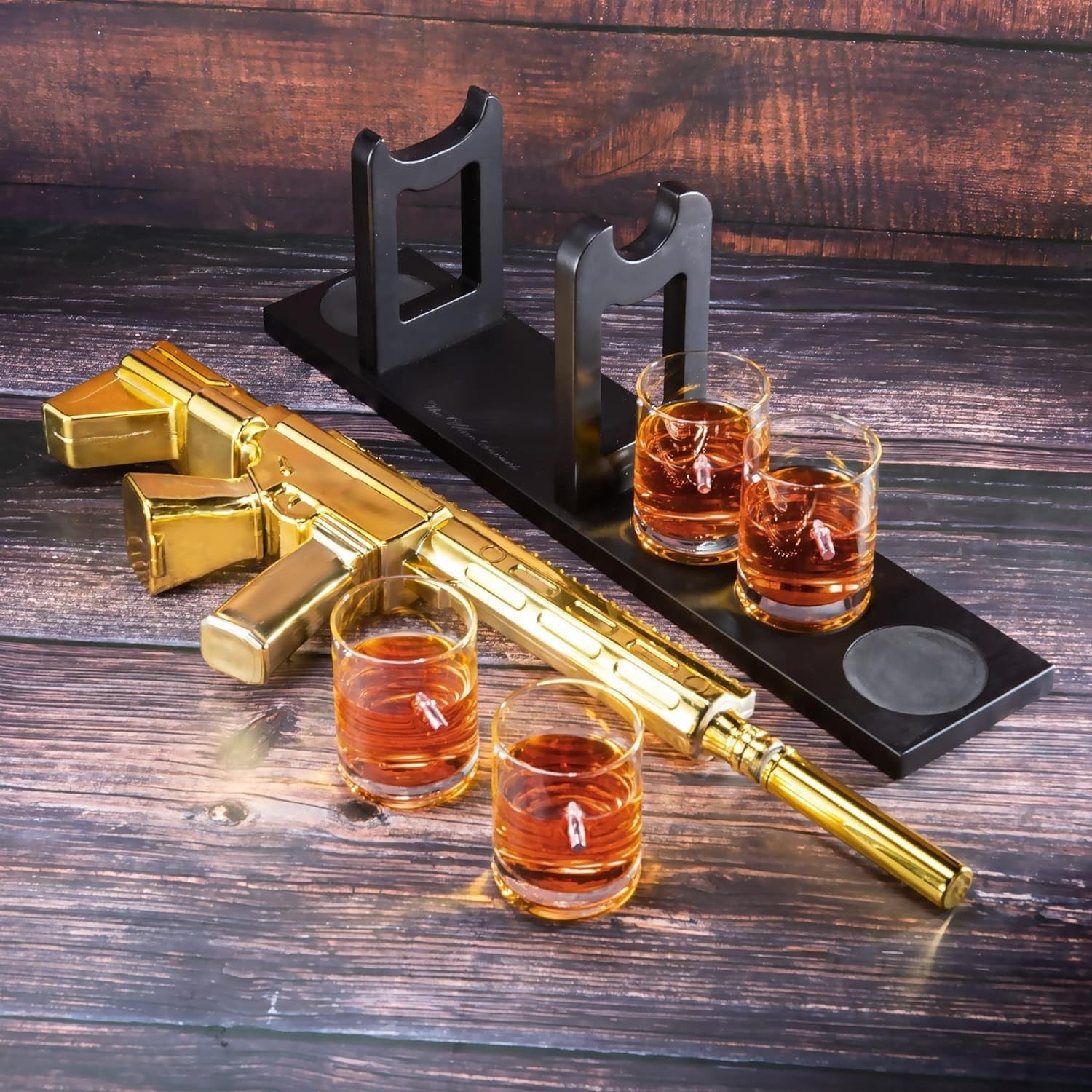 Gold AR15 Style Whiskey Decanter Set with Bullet Glasses Luxury Bar Gift
